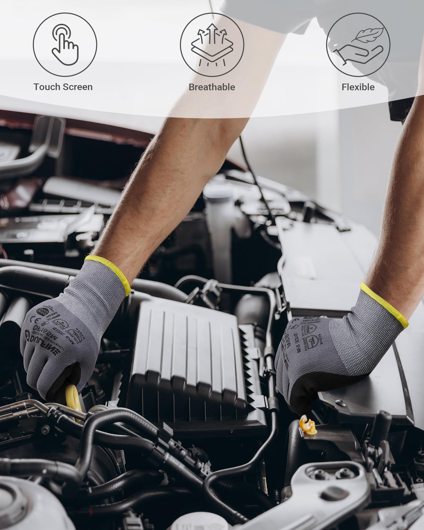 DULFINE Work Gloves for Men and Women,Grey Knit Nylon Glove with Touchscreen MicroFoam Nitrile Coated-6 Pairs Pack,Ideal for General Purpose,Automotive,Home Improvement,Painting(Small)