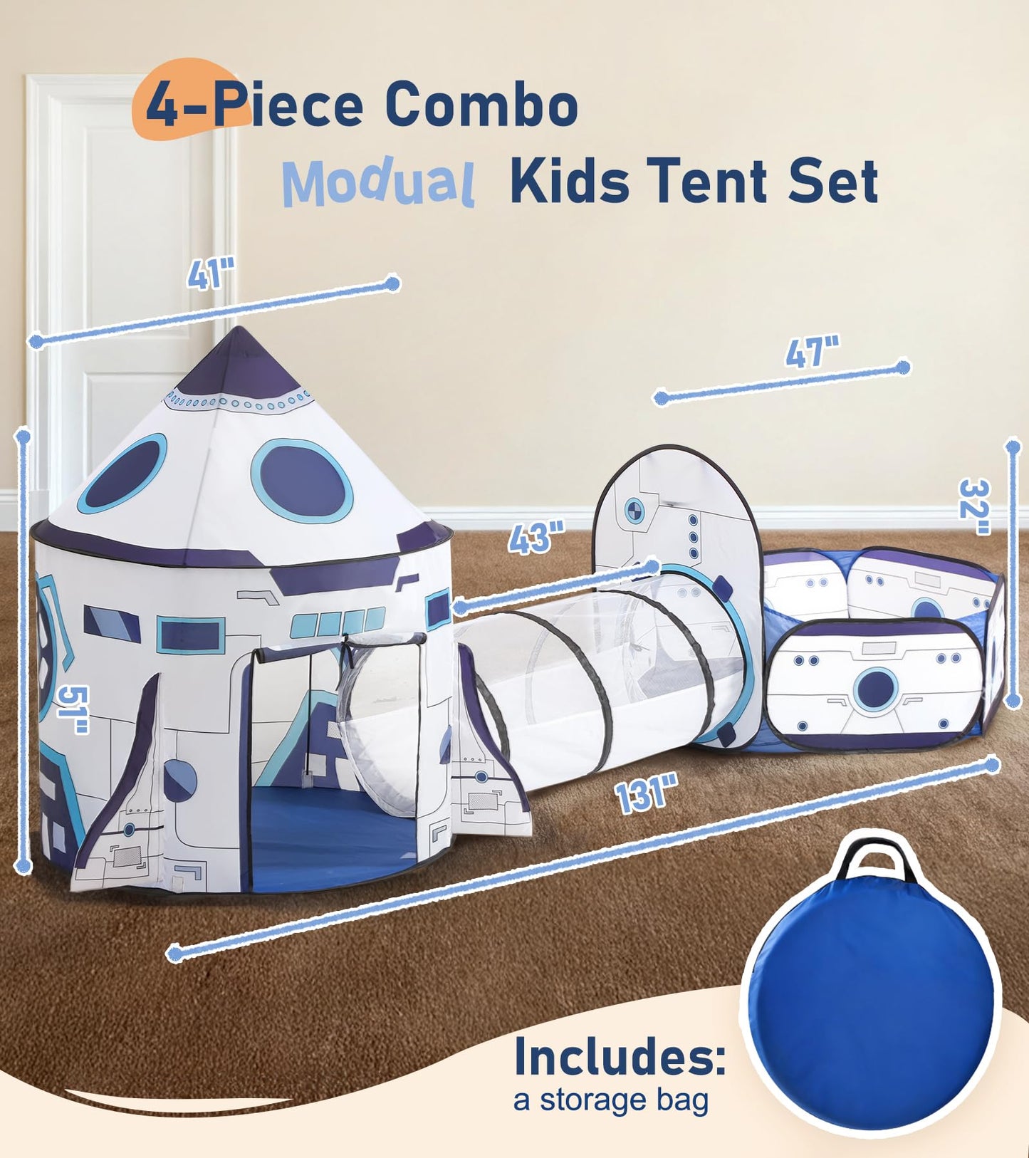 3PC Kids Play Tent with Tunnel and Ball Pit, Pop up Play Tents for Toddlers, Rocket Ship Playhouse for Indoor & Outdoor Use, Boys Spaceship Tent Set with Carry Bag, Ideal Gifts for Kids