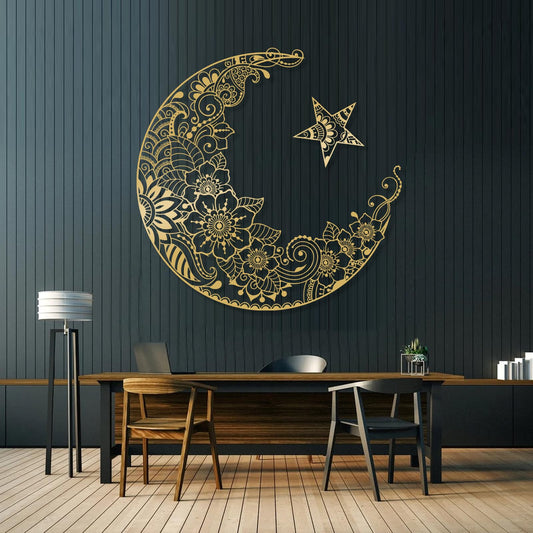 Mandala Moon Metal Wall Art, and Stars Decor, Lotus Flowers, Modern Home, Boho for Bedroom
