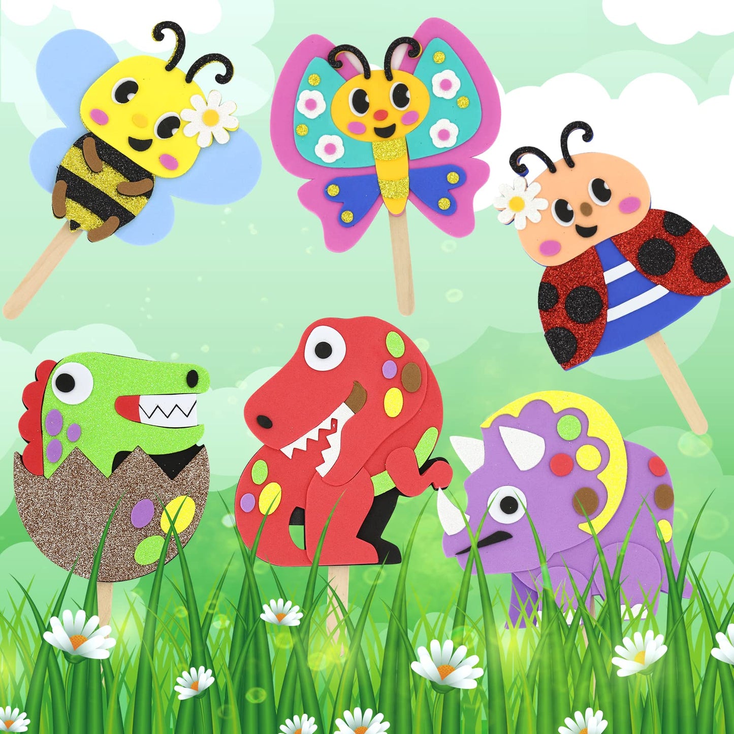 VKPI Make 6 Popstick Puppets Craft Kits for Kids, Foam Crafts, Story Time Toys for Ages 4+ Toddler, Dinosaurs, Butterfly, Preschool Projects Art Crafts, Birthday Holiday Gift