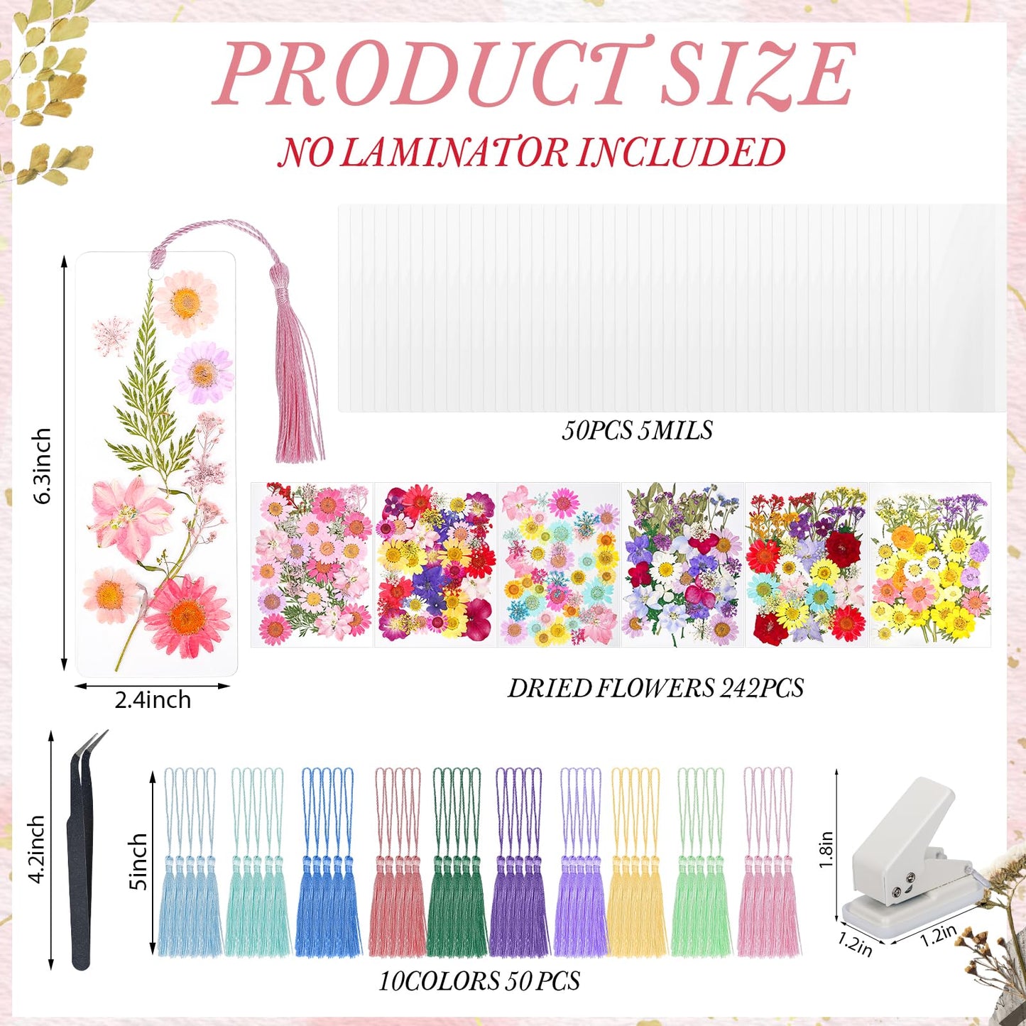 kmfosaat 344 Pcs Pressed Flower Bookmark Making Kit, 50 Laminating Pouches with 242 Dried Flowers, 50 Tassels, Tweezer and Punch, Party DIY Crafts Bookmark for Reading Women Kids