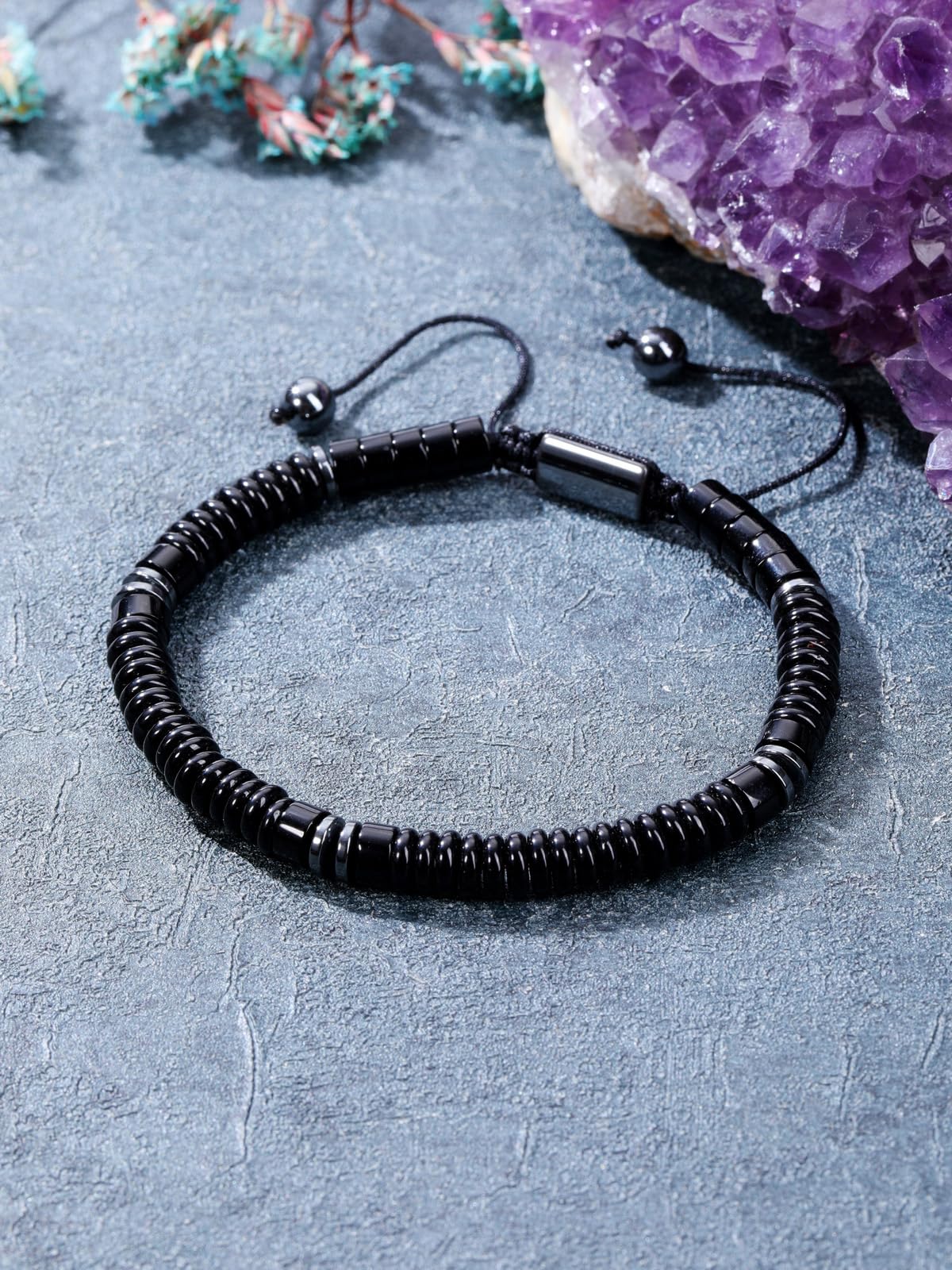 Jovivi Healing Crystal Bracelet for Men Hematite Black Obsidian Gemstone Beaded Bracelets Adjustable Protection Crystals Natural Stone Beads Bracelet for Men Women Anxiety Relief