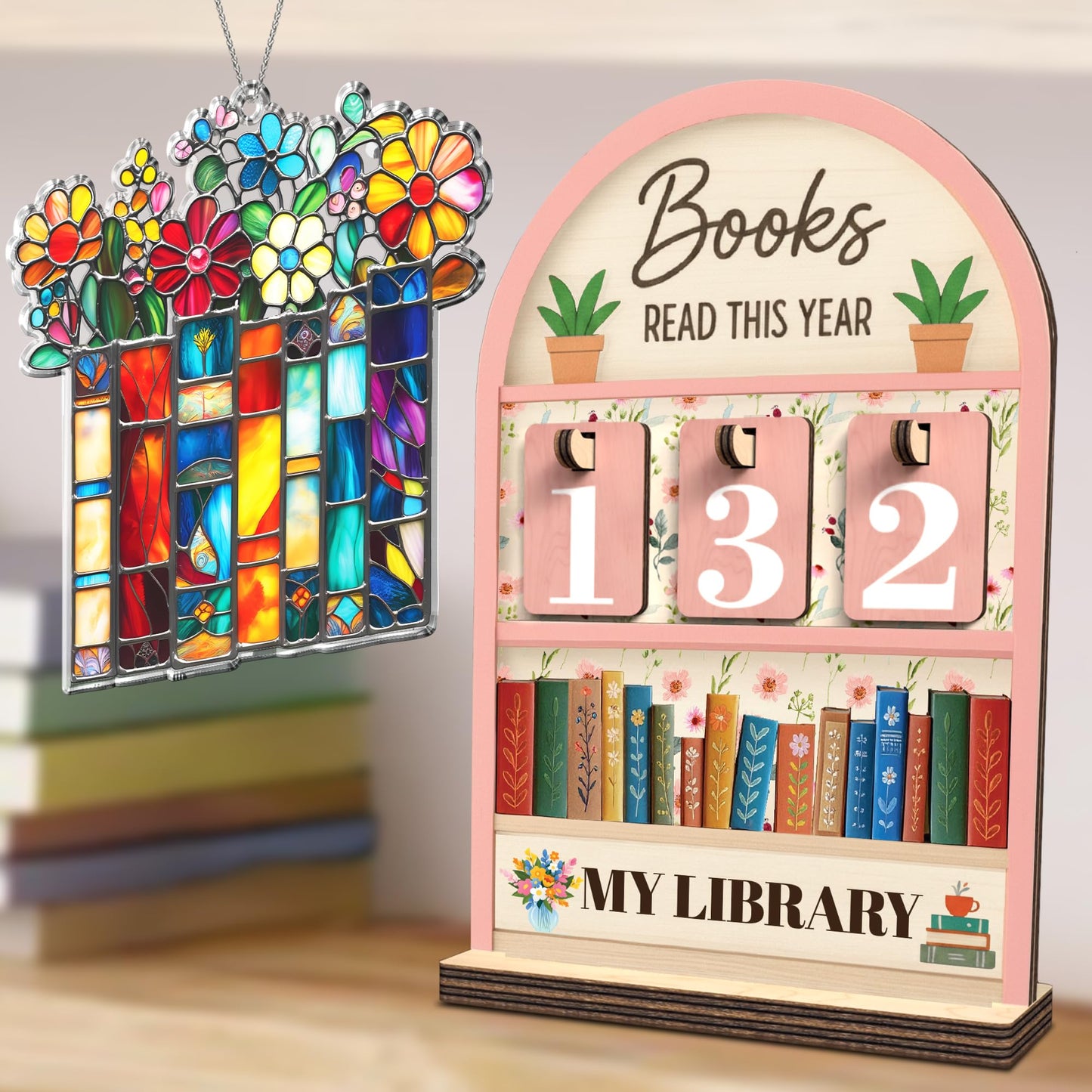 Pink Books Read This Year Counter, Reading Tracker Sign for Home Library Decor, Book Suncatcher Ornament, Book Lover Gift for Librarian, Reader, Teacher, Women, Floral Bookshelf Accessories FF812