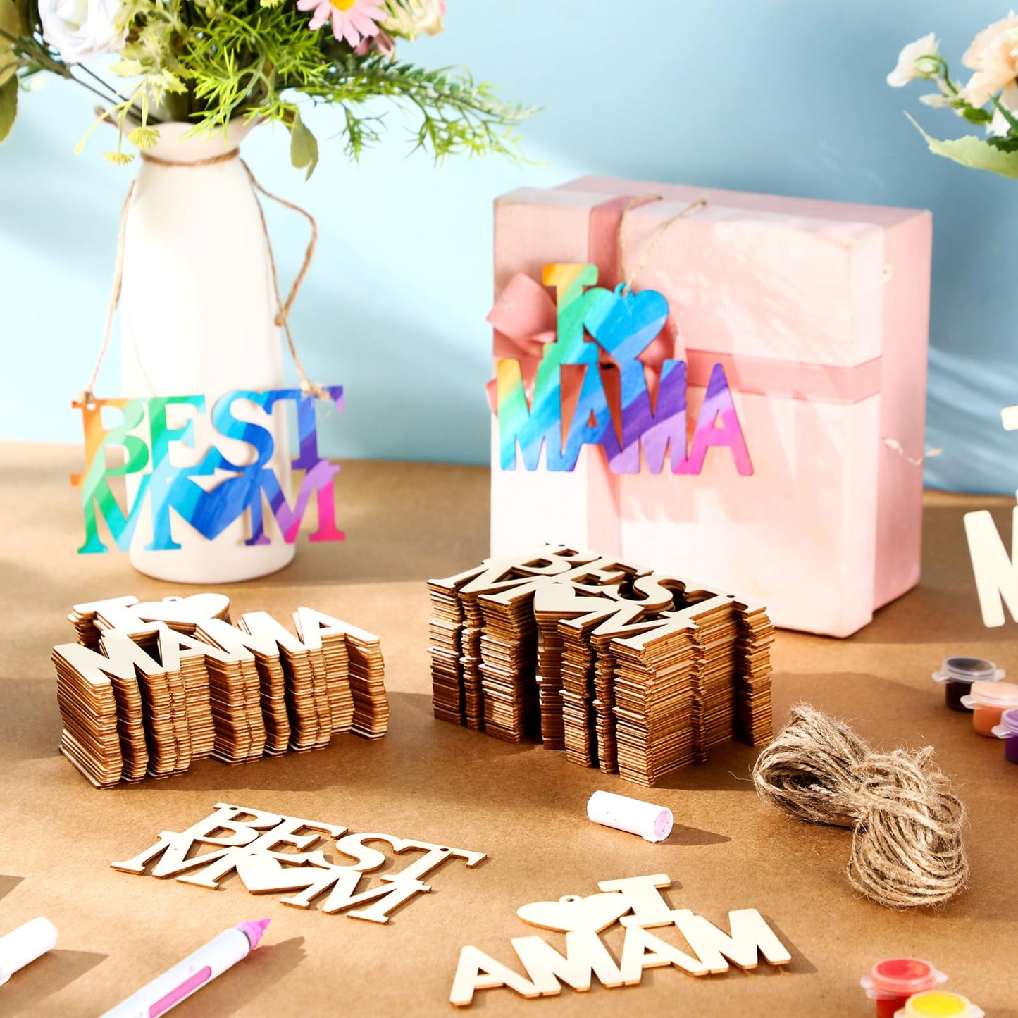 Gerrii 80 Pcs 4.7 Inch Mother's Day Unfinished Wood Crafts for Kids Painting DIY Best Mom Cutouts to Paint Hanging Wooden Letters Ornaments for Mother's Day Gifts Bulk Birthday Party Decorations