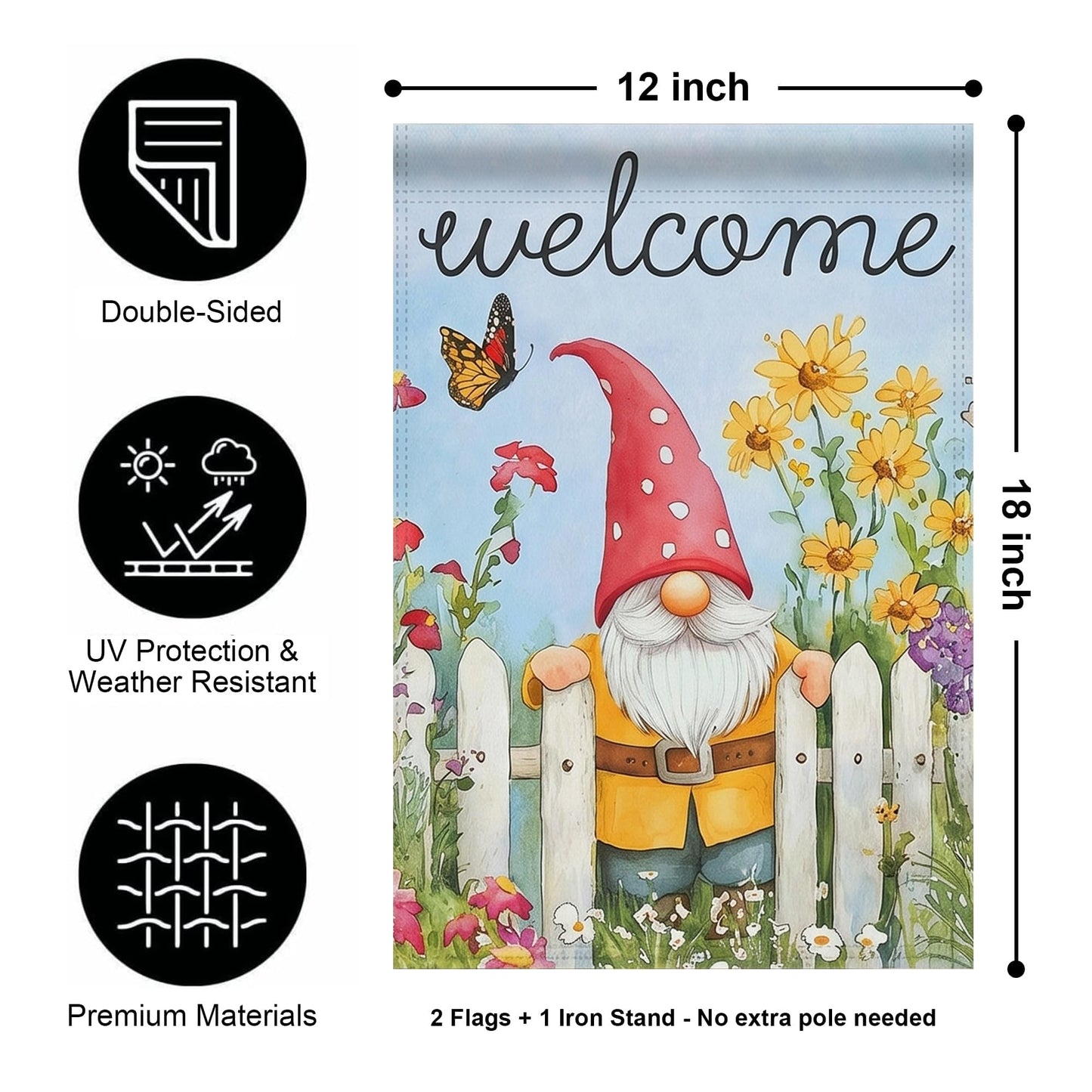 Topadorn Suede Garden Flag Stand Set with 2 Suede Double-Sided 12x18 Inch Flags – Metal Holder Pole Stake for Yard, Patio, Lawn Outdoor Decor(Flower)