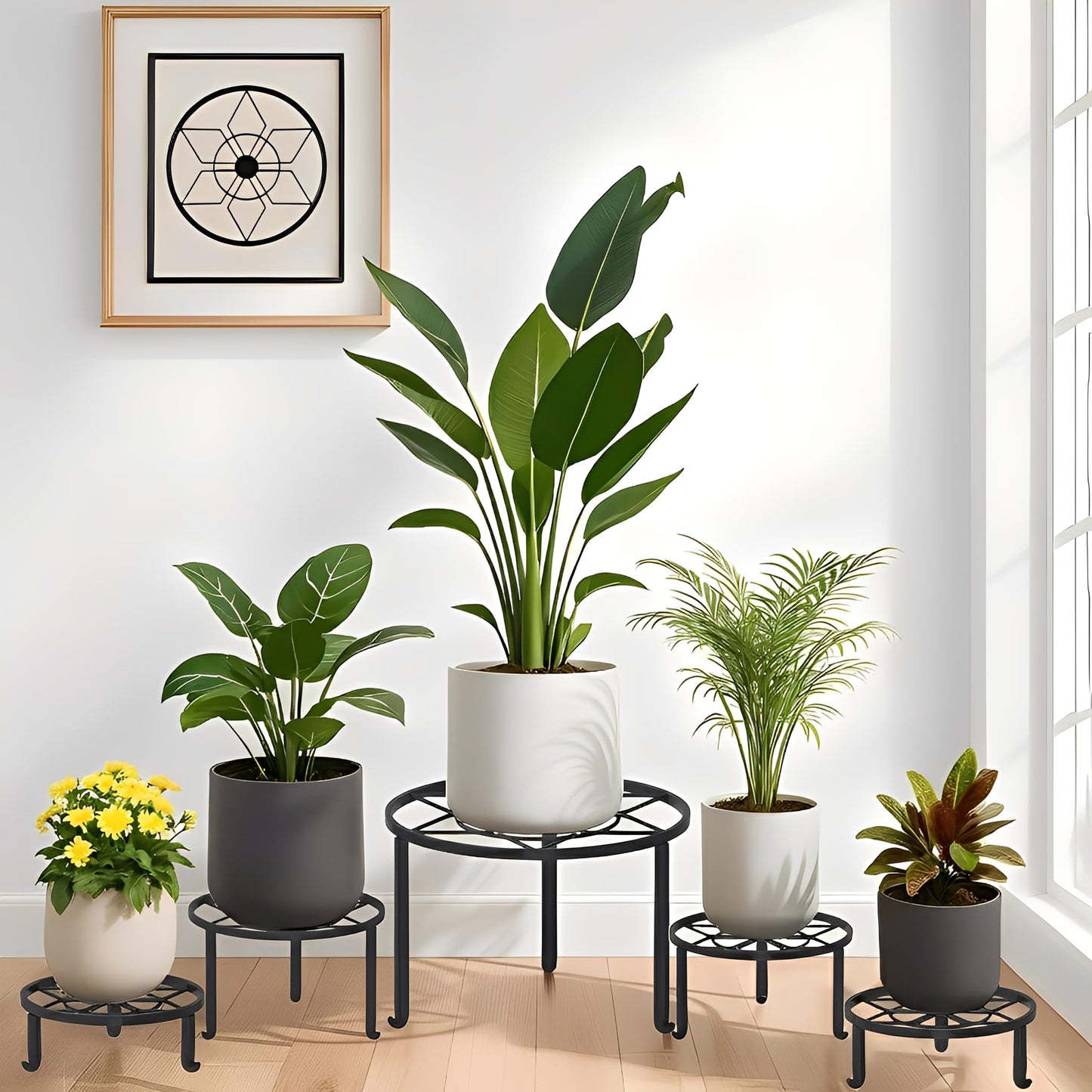 NQW 5 Pack Plant Stand Metal Flower Pot Stand Holders Indoor Tall Plant Rack Plant Round Black Plant Shelf For Living Room, Garden, Balcony