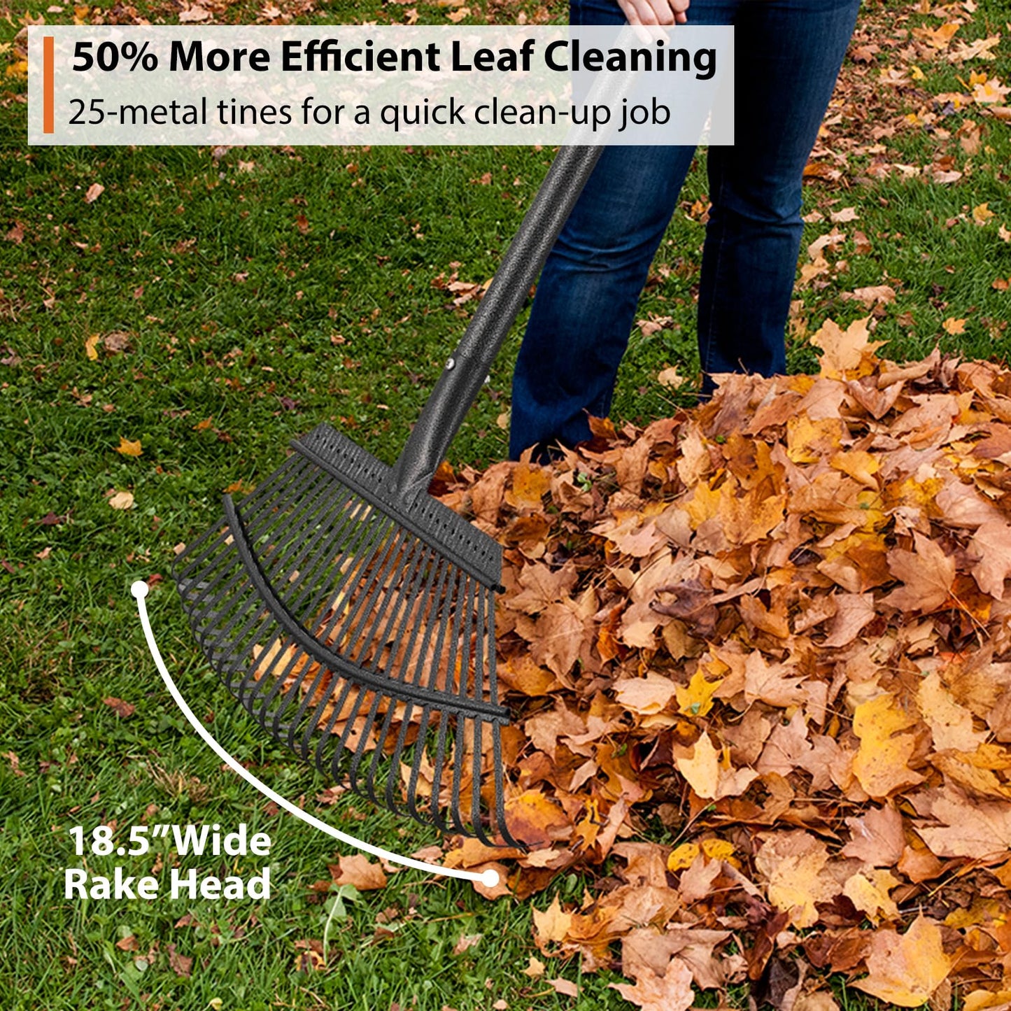 Rake for Leaves Heavy Duty, Large Garden Leaf Rakes for Lawns, 65 Inch Gardening Rake with Back-Saving Long Handle, 18.5” Wide 25 Tines Head for Quick Cleanup Yard Grass Clippings, Anti-Rust