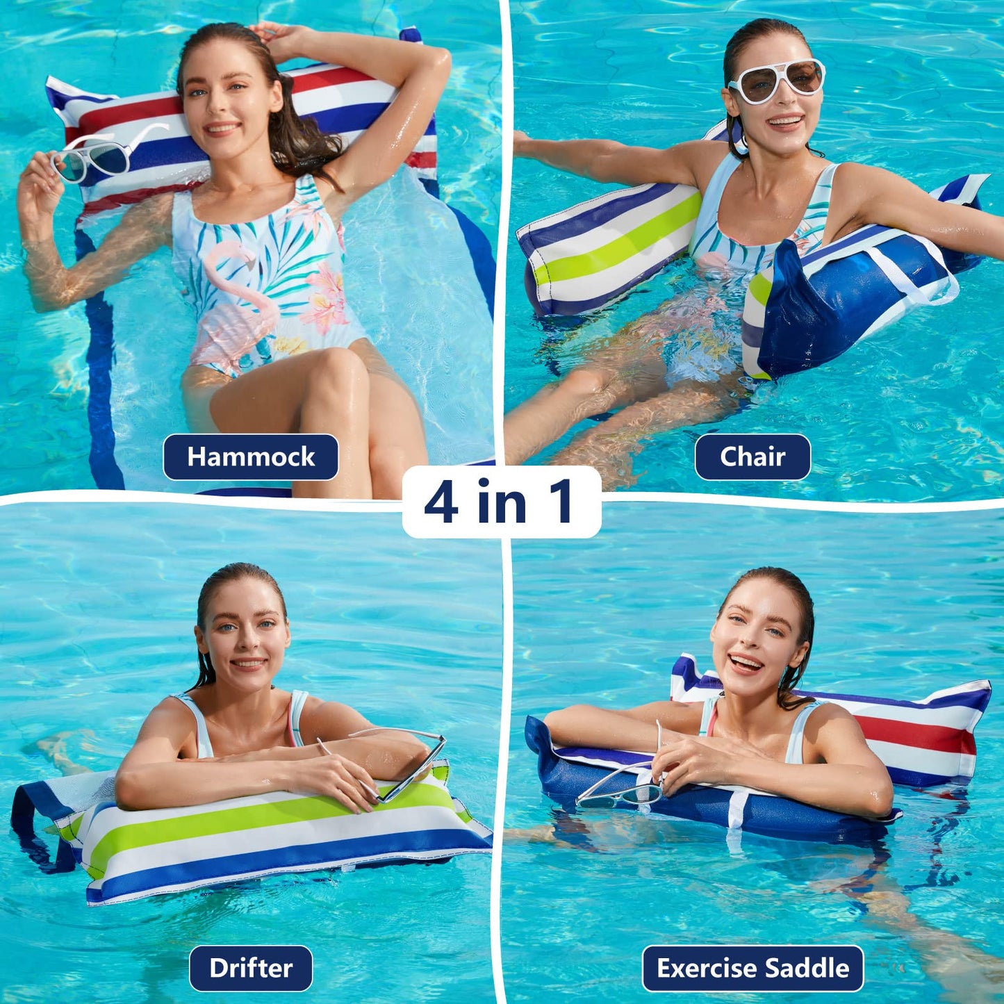 Jasonwell Inflatable Pool Hammock Float - 2 Pack Water Hammock Pool Floaties Multi-Purpose (Saddle Lounge Chair Drifter) 4 in 1 Lake Beach Floating Loungers Swimming Pool Floats Toys for Adults
