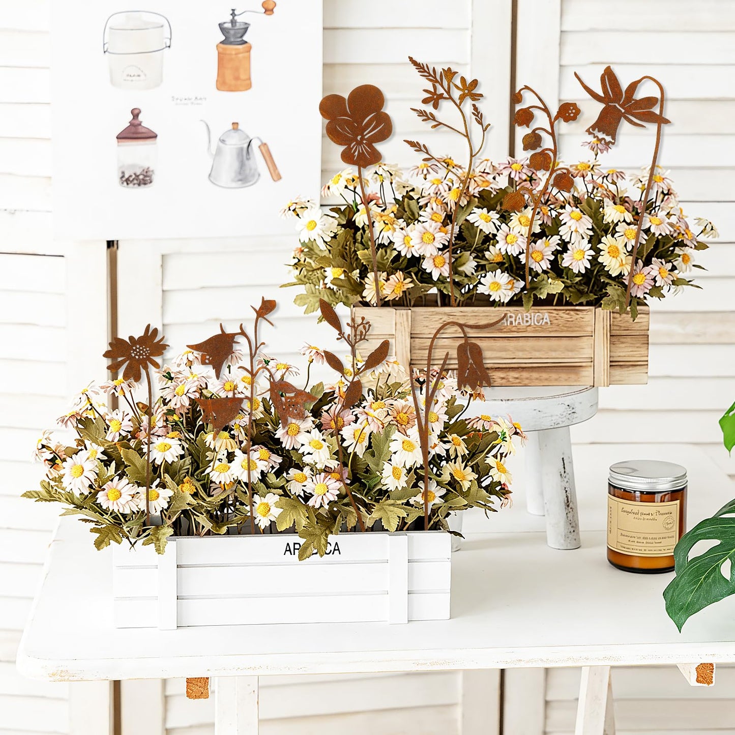 RumonZS 9 Pcs Rusty Metal Flowers Rustic Spring Plants Rusty Metal Garden Stakes Decor for Outside Yard Art Decorative Garden Stakes Potted Plants Lawn Yard Walkway and Flower Garden