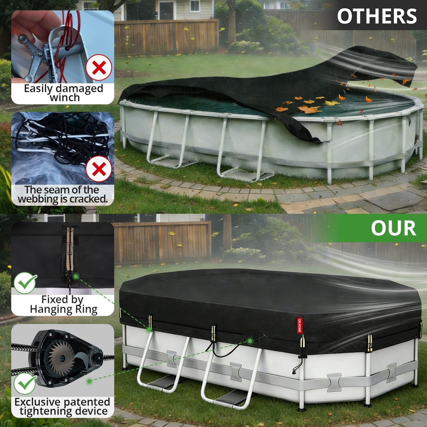 QH.HOME 10x16ft Oval Pool Cover,[Ultimate Windproof & Tear-Resistant Fabric],Snug Fit with Patented Ratchet & Weight Rings,Solar Pool Cover for Above Ground Pools, Blocks Leaves &Waterproof