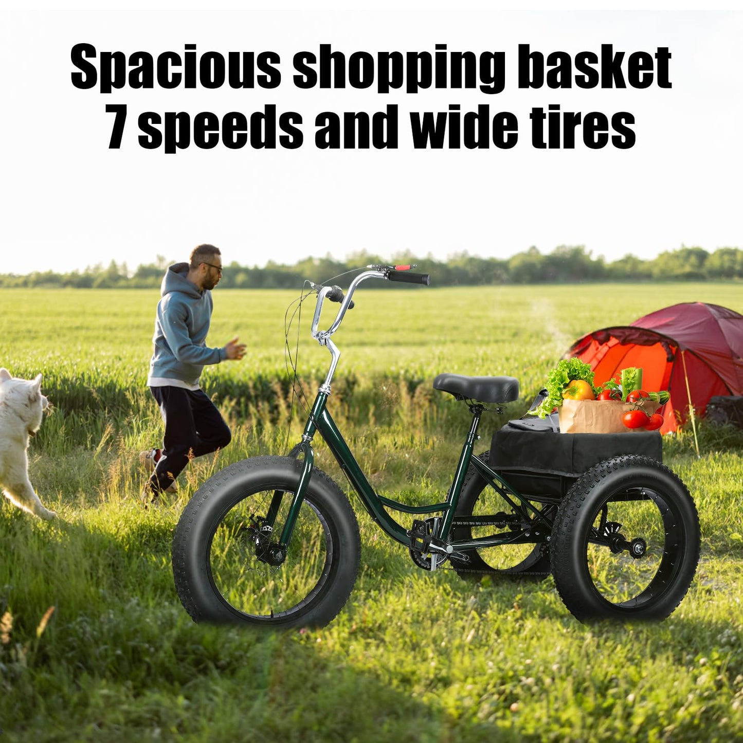 Adult Tricycle, 20 Inch Fat Tire Trike for Adults, 20" X 4" Tires, 7 Speeds, Loads 450lbs, Double Disc Brake, Anti-Slip Pedals, 3 Wheel Bikes for Adult, Large Shopping Basket for Commuting (BlackB)