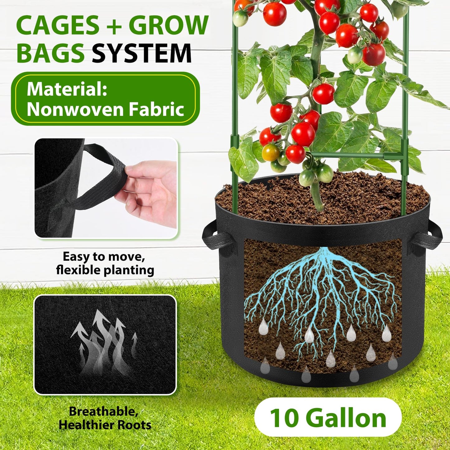 Suntee 3 Pack Tomato Cage with 10 Gallon Grow Bags, 48 Inch Tomato Cages for Garden Patio Balcony, Adjustable Height Tomatoes Plant Support for Climbing Vegetables Plants Flowers