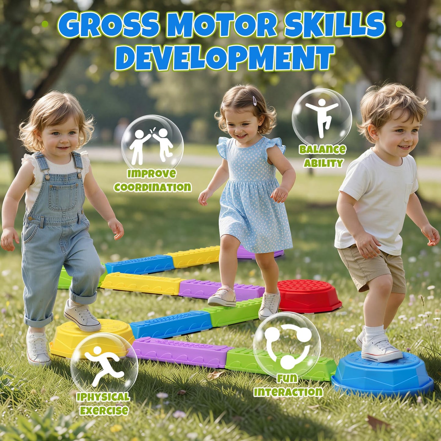 Wee Wonders Balance Beam Stepping Stones for Kids, Non-Slip Sensory Obstacle Course Toys for Toddlers, Stackable Balance Stones with Game Spinner & 30 Card, Indoor Outdoor Gifts for Boys Girls 3-5