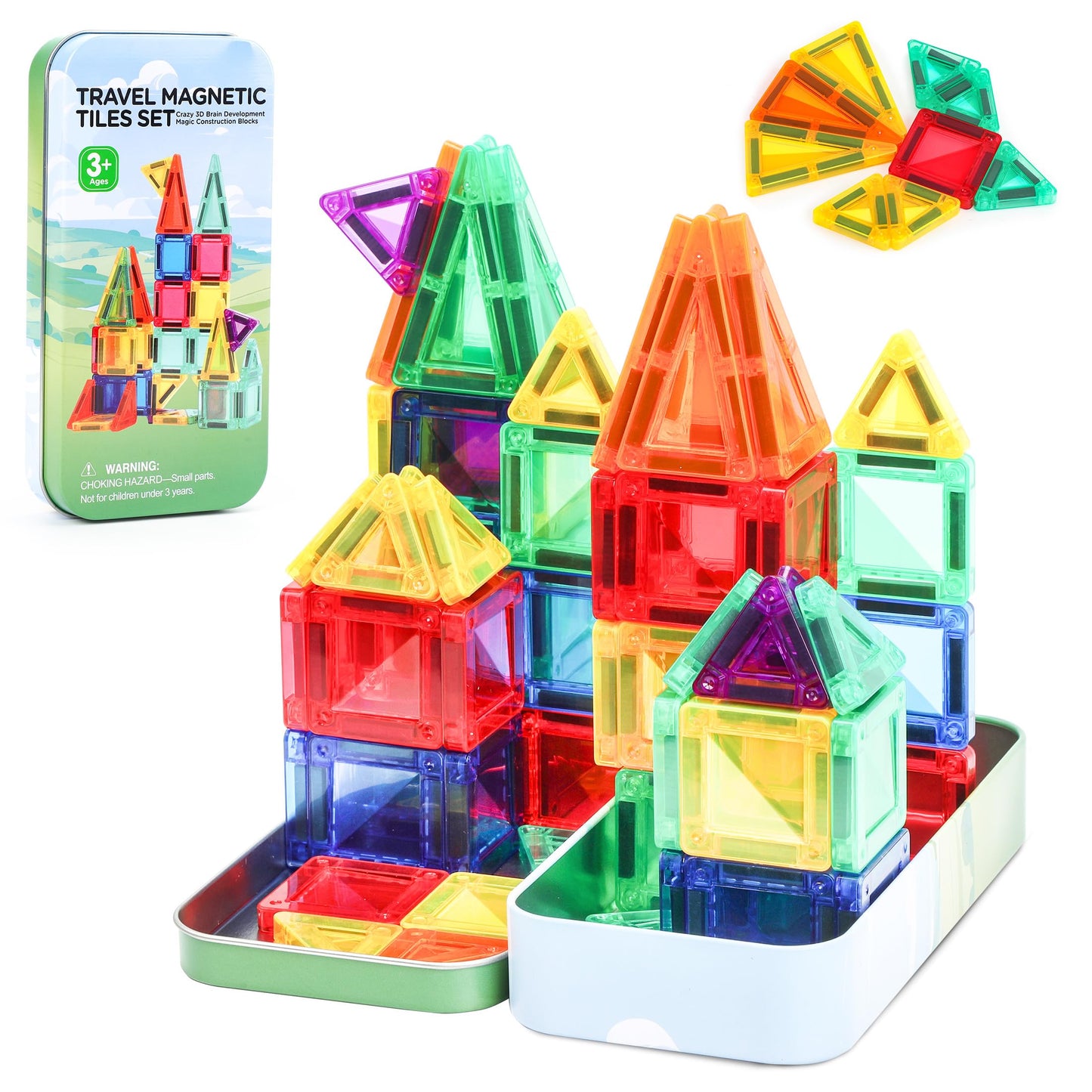 Mini Magnetic Tiles Toddler Travel Toys with Iron Box, STEM Educational Travel Set Building Toys for Kids, Travel Essential Portable Building Toys for Toddlers, Boys Girls Christmas Birthday Gift