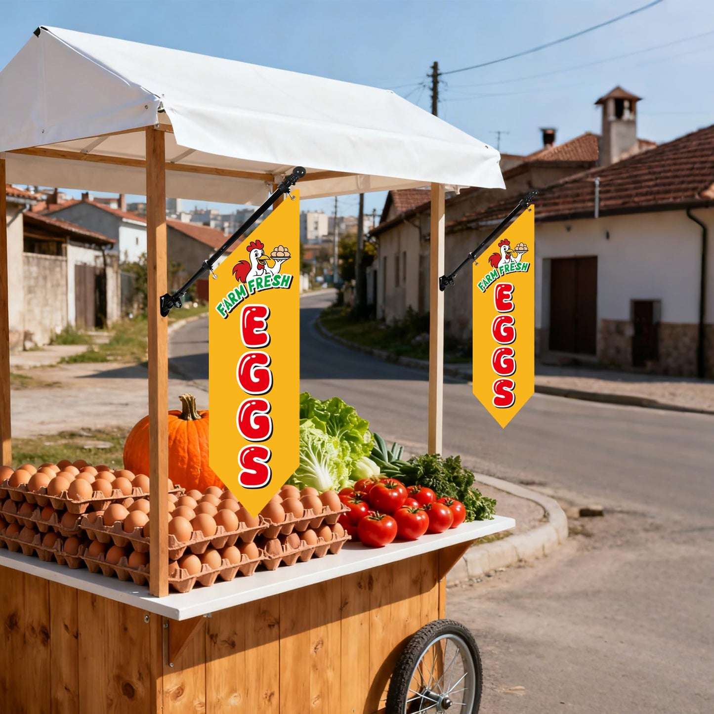 Farm Fresh Eggs Flag with Pole Kit – 42x12inch Double-Sided Heavy-Duty Canvas Flag, Outdoor Rustic Farm Stand or Market Stall Sign, Weatherproof Hanging Advertising Display (Yellow)