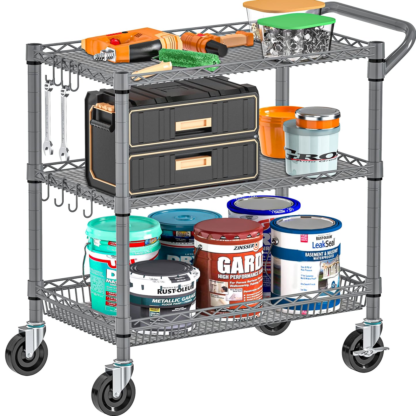 Folews Heavy Duty Rolling Cart with Wheels for Kitchen & Garage, 990LBS 3-Tier Metal Utility Cart, NSF Adjustable Shelves & Basket, Lockable Casters, Commercial Storage Trolley, Gray