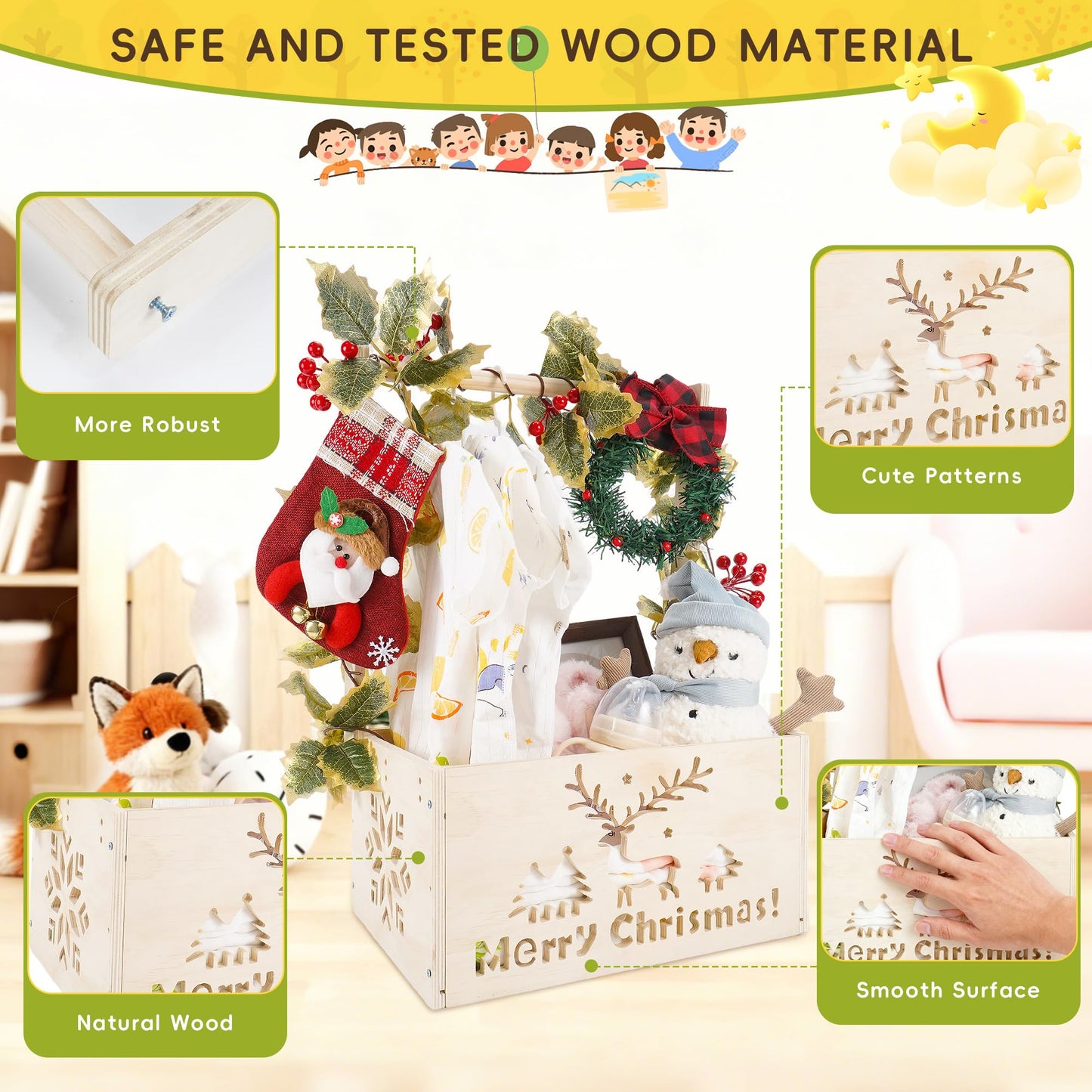 XIANMEI Wooden Baby Shower Crate Closet, Shower Basket with Artificial Vines & Garland, Perfect Gifts for Newborn, Pregnancy New Parent