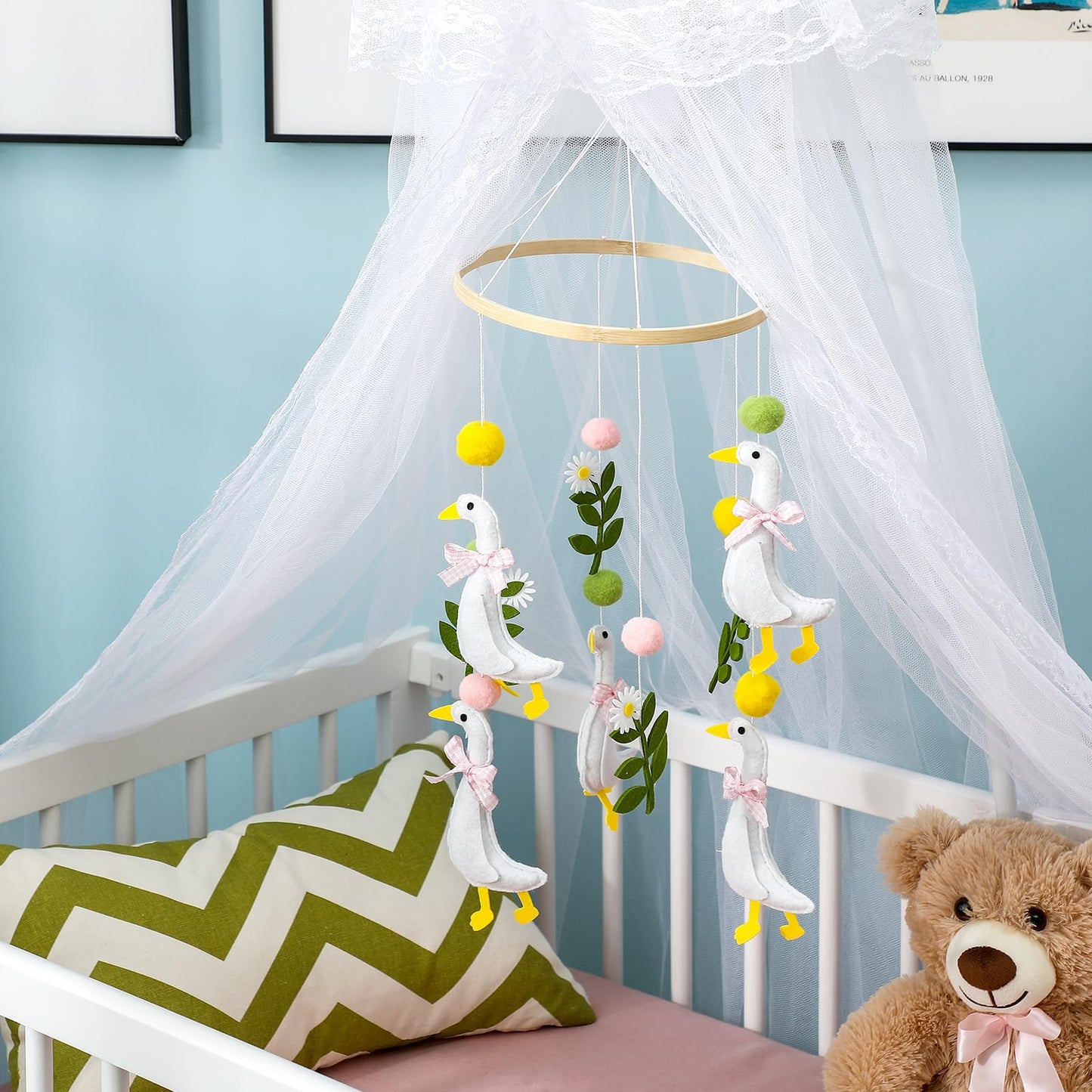 Vicenpal Wildflower Butterfly Baby Mobile for Crib Pink Spring Baby Room Decor Felt Nursery Mobile for Crib Neutral Wooden Handmade Hanging Decoration(Silly Goose)