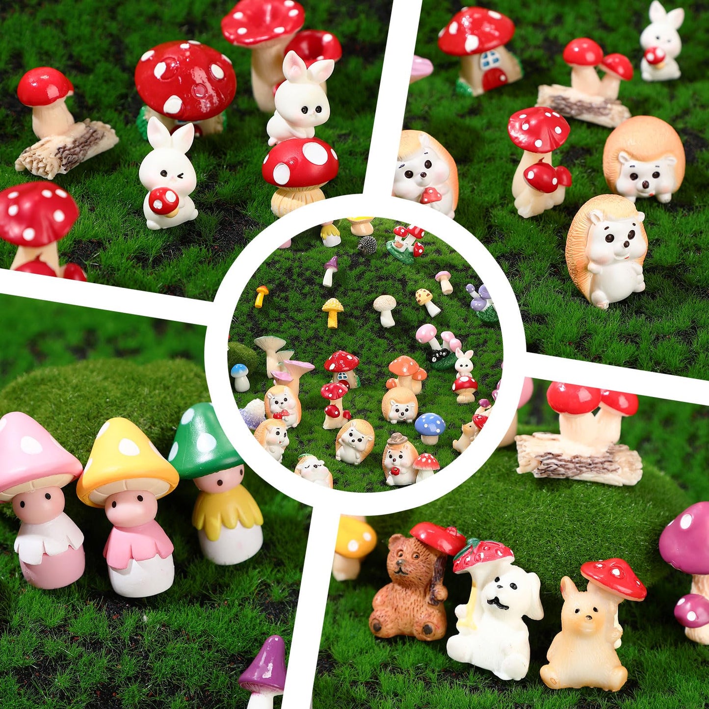 Canlierr 58 Pcs Miniature Garden Set Mushroom Hedgehog Fairy Rabbit House Diorama Accessories Mini Terrarium Figurines Micro Landscape Fairy Village Starter Kit for DIY Garden Decor Dollhouse Craft