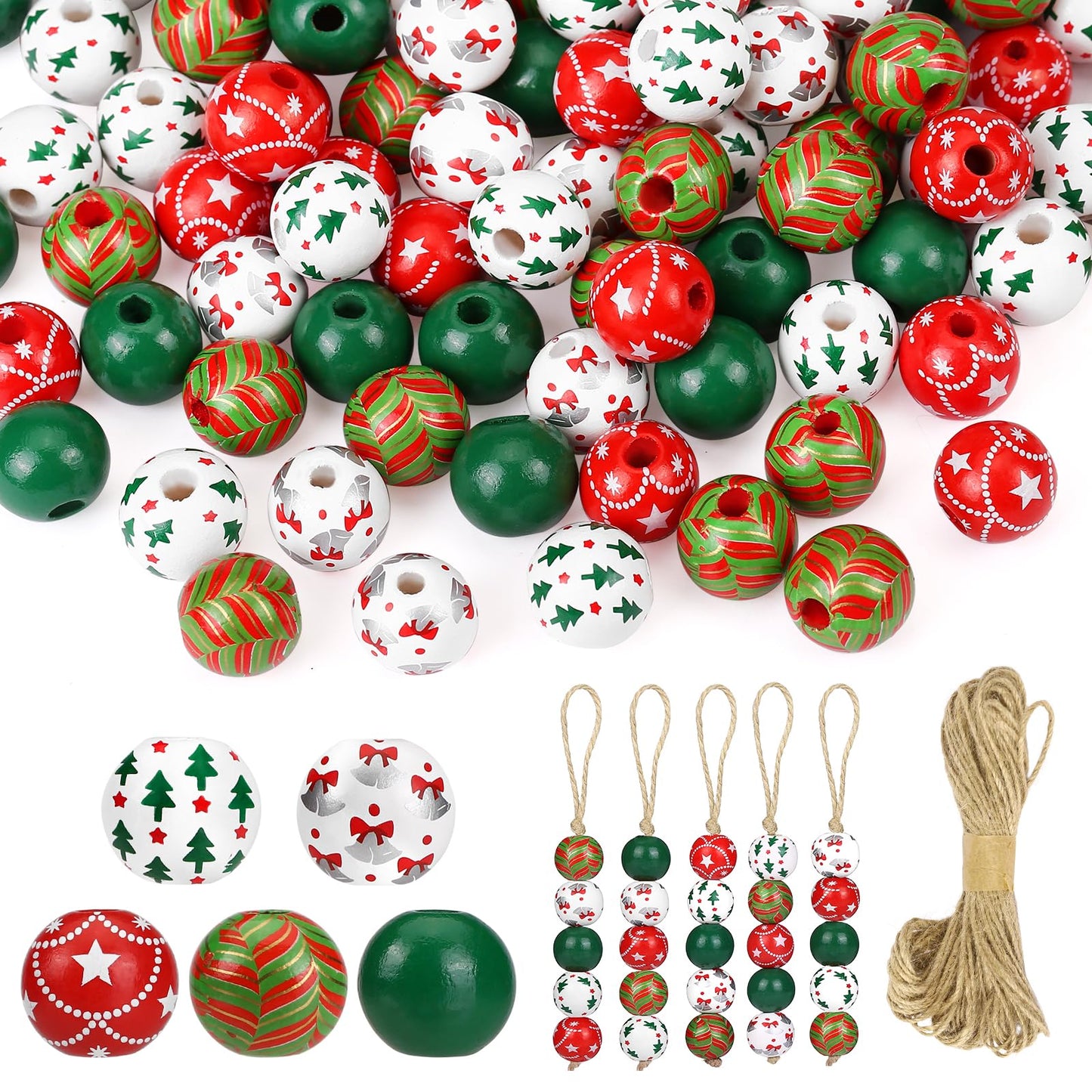 GWHOLE 120PCS Christmas Wood Beads for Crafts, 0.6 Inch Red and Green Christmas Wooden Beads with 65.6 Ft Twine for Xmas Winter Holiday Party Decor Bracelets Necklace DIY Craft