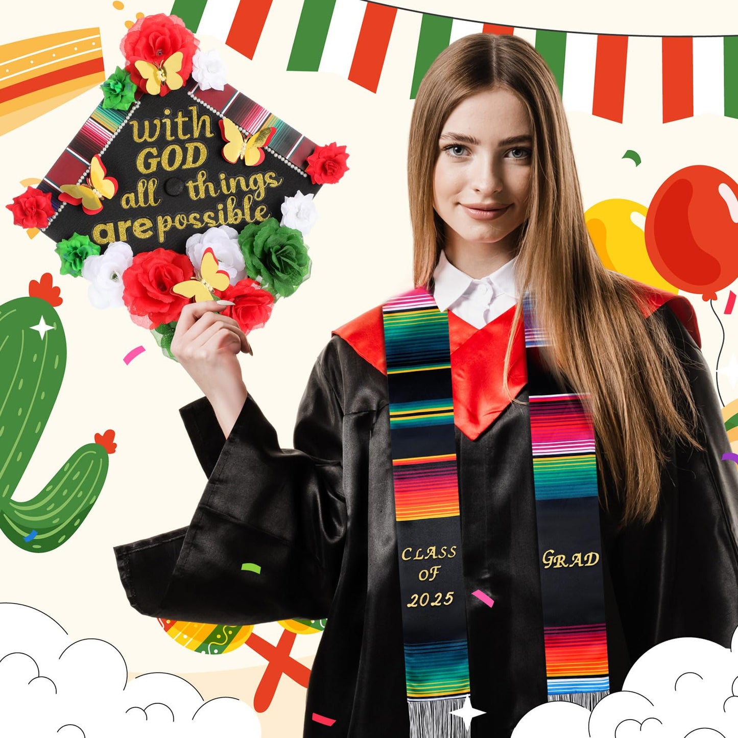 Knitgrip 41 Pcs DIY Mexican Graduation Cap Decorations Kit Graduation Stole Faux Flower Heads Graduation Quotes 3D Butterfly Glitter Letter Stickers Pearl Stickers for Graduation Cap Decoration Craft
