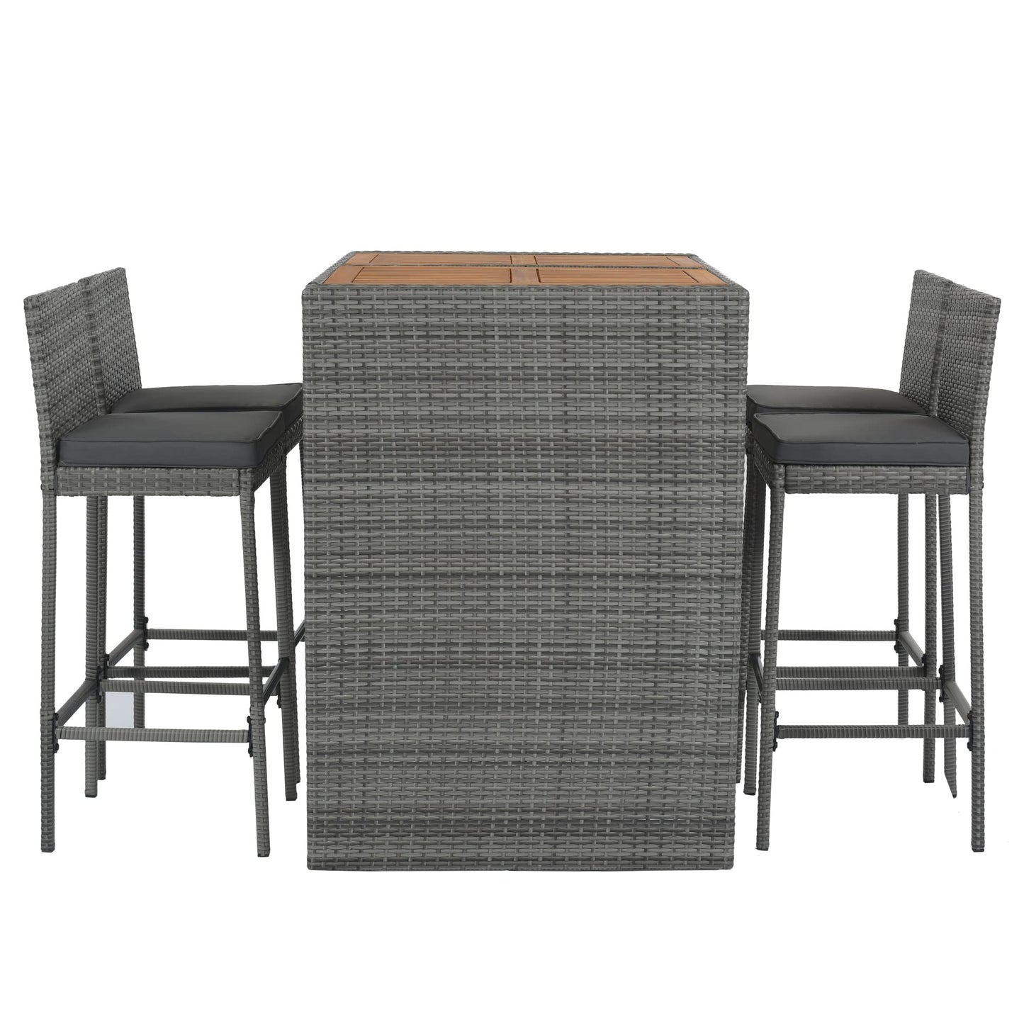 5-Piece Outdoor Wicker Bar Set with Acacia Wood Table and 4 Bar Height Chairs, Removable Cushions, Non-Slip Feet, Rope Secured Seating, Patio, Balcony, Garden, Poolside, Brown Wood Gray Wicker