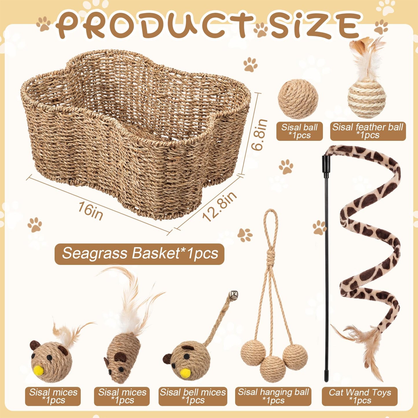 Leitee 16 x 12.8 Inch Mother‘s Day Bone Shaped Seagrass Wicker Basket with 8 Pcs Cat Toy, Cat Storage Basket Gift Set with Sisal Ball Mice Feather Stick, Interactive Toys for Indoor Cats and Kittens