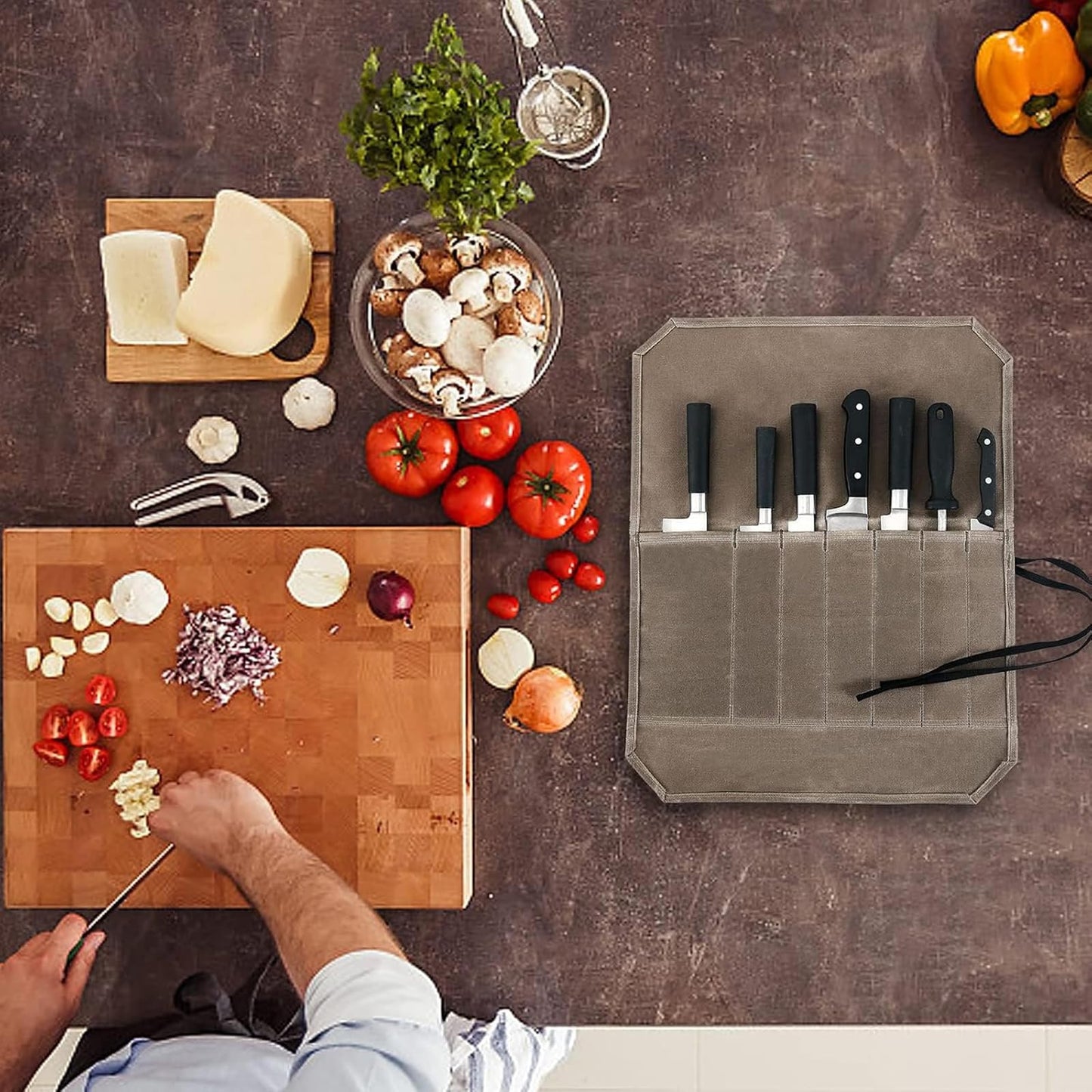 Chef Knife Roll Bag with 7 Slots Cutlery Knives Holders Protectors&6 Packs Knife Edge Guard Set Blade Covers,Knife Roll Storage Bag,Portable Travel Chef Knife Case,Kitchen Travel Cooking Tools