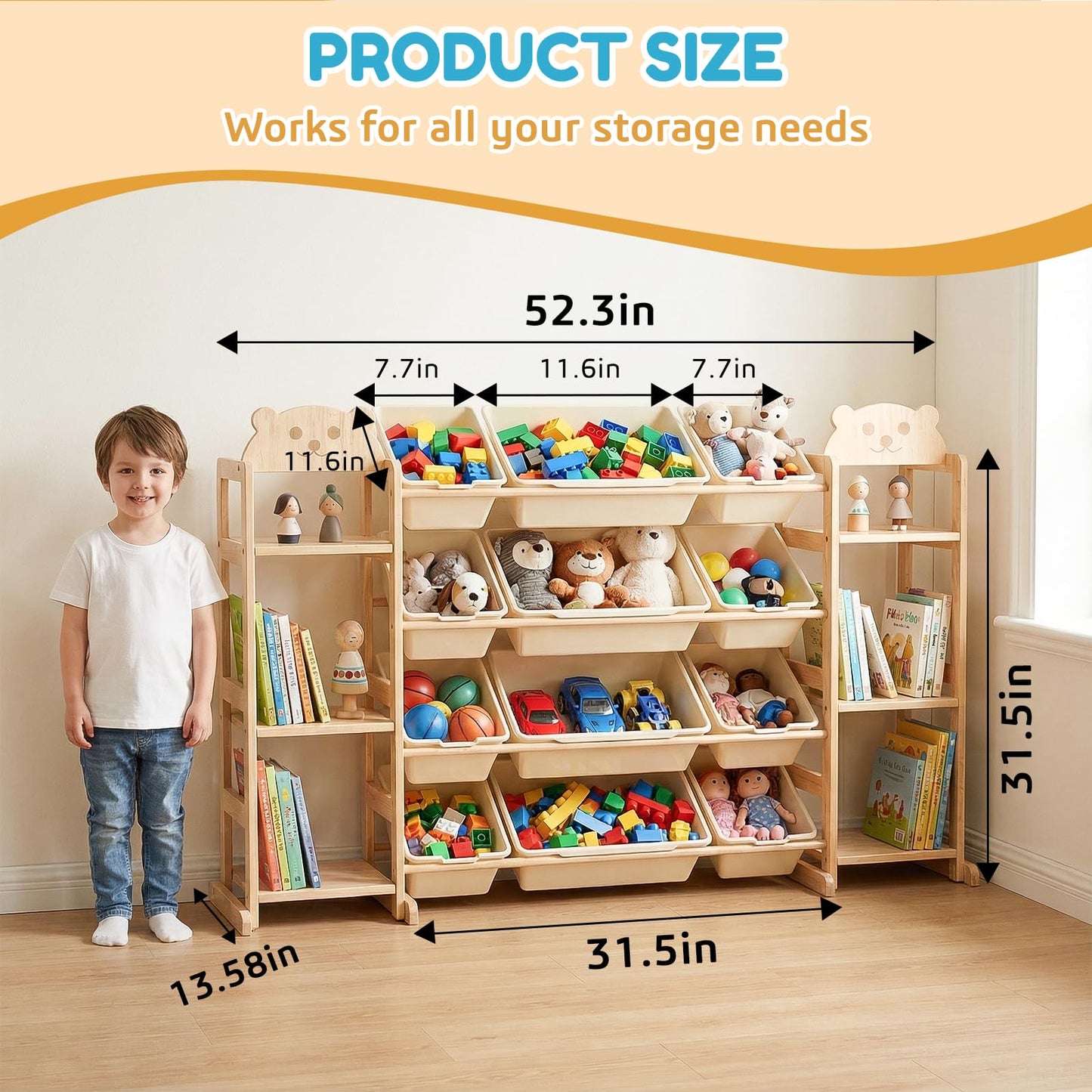 Toy Storage Organizer, Extra Large WoodenToy Storage, with 6 Side Shelves and 12 Bins, 3 -in-1 Bookshelf for Bedroom Playroom, Nursery, Wood Kids Toy Shelf and Bookcase 52.3"W x 13.5"D x 31.5"H