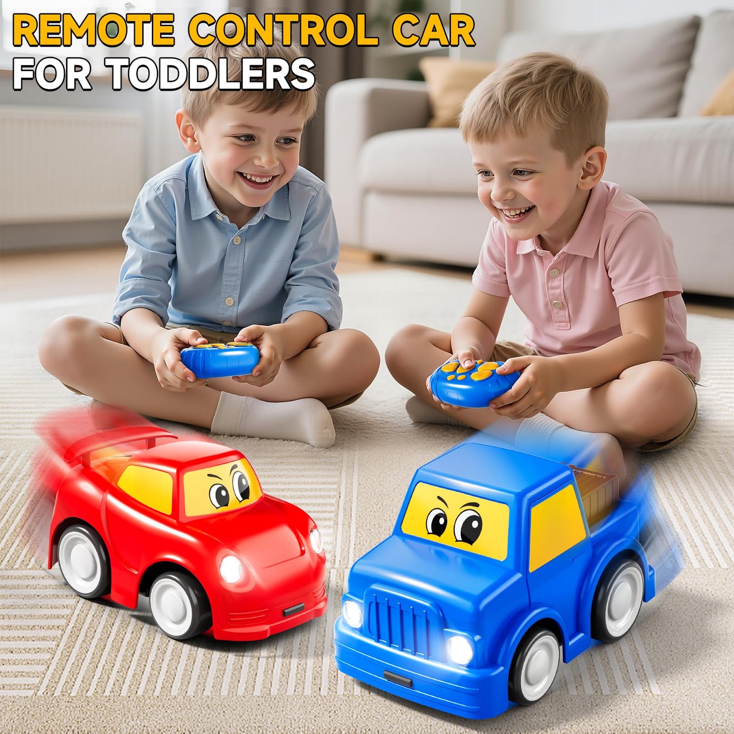 DULONIME Remote Control Car 2 Year Old, Toddler RC Cars Ages 2-4 Boy, 2-Pack 2.4 GHz Truck and Race Car with Sound and Light, Easy Electrical Remote Control Toy Gifts for Boys Girls 3 4 5+ Year Old