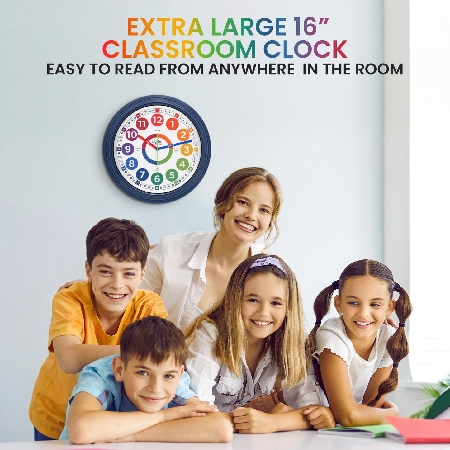 Oyster&Pop Extra Large 16" Kids Clock - Silent Indoor Outdoor Weatherproof Analog Wall Clock - Learning Clock for Kids - Classrooms Homeschool & Patio - Includes How to Tell Time eBook