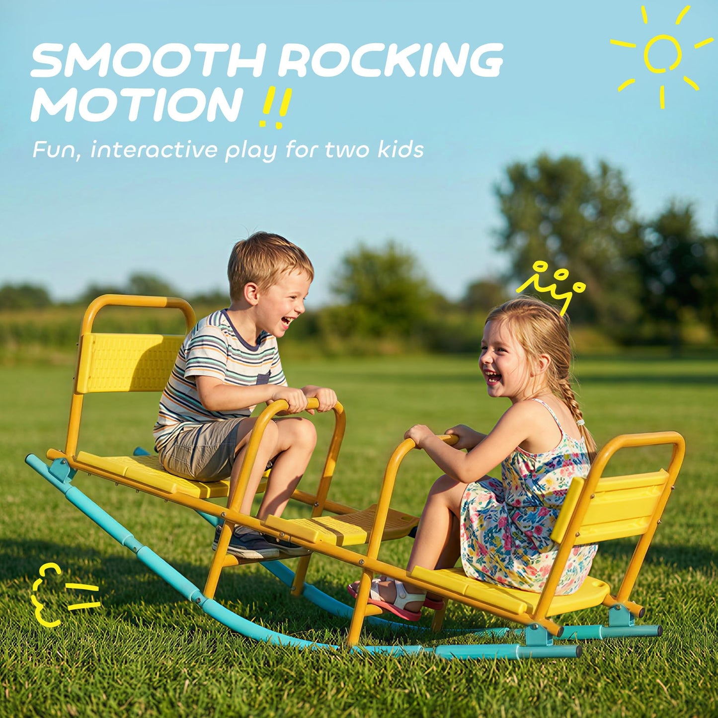 Qaba Teeter Totter Seesaw for Kids, 2 in 1 Metal Rocking Seesaw for Toddlers Age 3-8, 2 Seater Playground Equipment with Easy-Grip Handles for Backyard Indoor Outdoor, Yellow