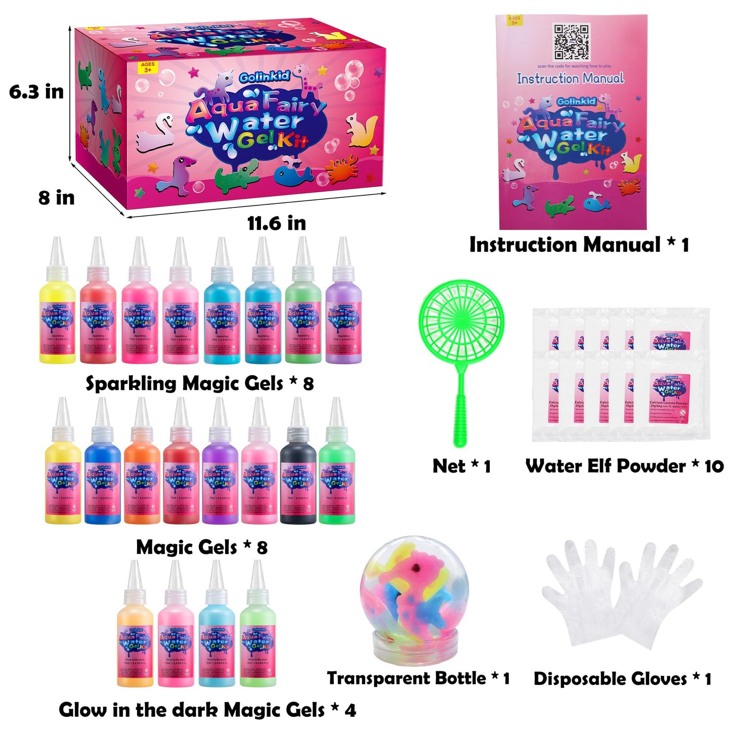 Golinkid Magic Water Elf Toy Kit, 20 Bottles 24 Molds 70ML Aqua Fairy Water Gel Kit with Sparkling Magic Gel Glow in the Dark, Crate Your Own Magic Water Pets Aqua Fairy Craft Kits for Kids