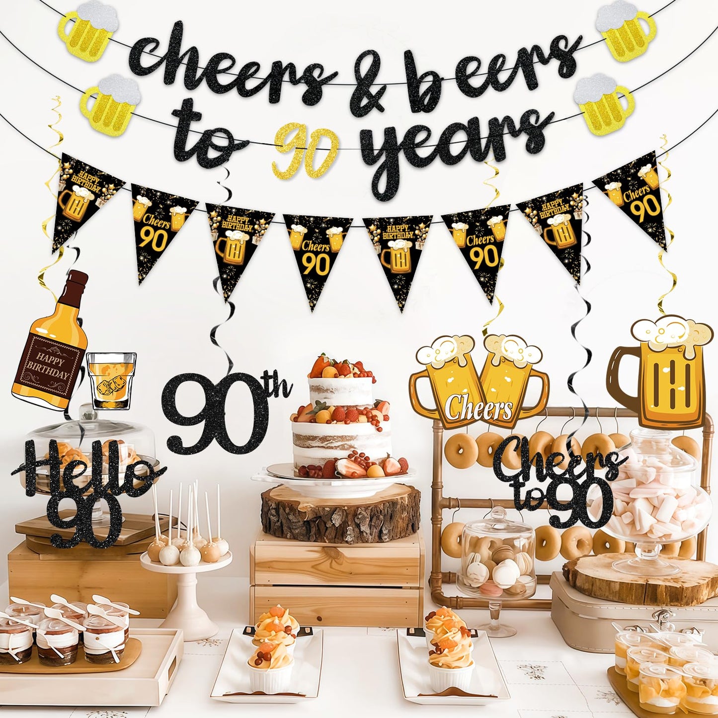 Black Gold 90th Birthday Decorations for Men Women, Glitter Pre-Strung Cheers to 90 Years Banner Hello 90 Hanging Swirls Paper Triangle Flag Banner Decorations Bday Party Supplies Kit