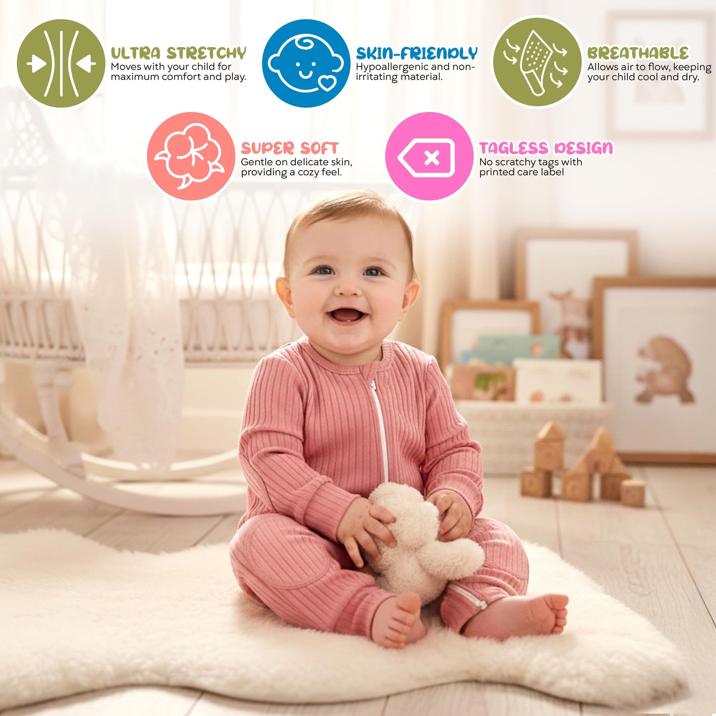 NurtureNauts® Crawling Baby Romper with Built-in Knee & Elbow Pads - 100% Cotton, 2-Way Zipper, Tagless for Active Babies (Pastel Pink, 12–18 Months)