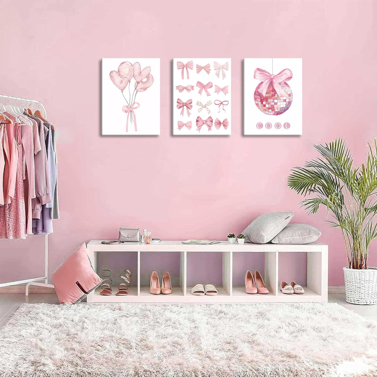 Preppy Pink Bow Canvas Wall Art, Trendy Bows Coquette Room Wall Decor Paintings, Pink Girly Disco Aesthetic Posters Prints Pictures for Girls Dorm Bedroom 16x24 Inch Framed