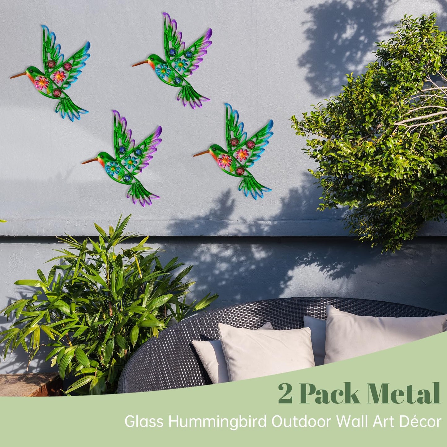YIWEMON 2 Pack Metal/Glass Hummingbird Wall Decor, 12.4" Outdoor Fence Wall Art Decor, Wall Sculpture Hanging Decoration Perfect for Garden Yard Living Room Bedroom Patio Balcony