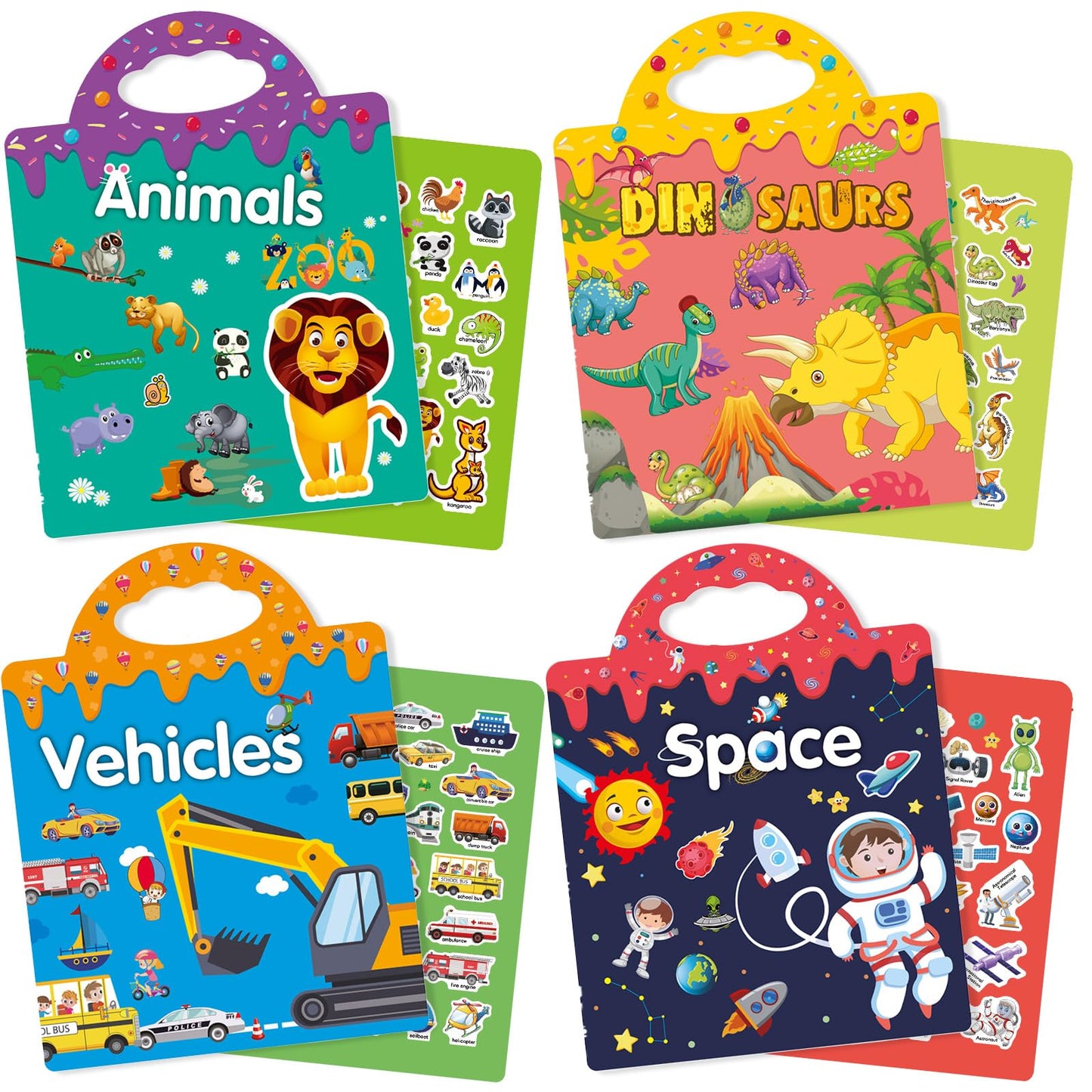 Reusable 4-Set Sticker Books for Toddlers 2-4, Toy Stickers Pad Reusable Sticker Books for Toddlers 1-3 Fashion Activity, Birthday Gift Toy for Girl Boy(Animals, Dinosaurs, Space, Vehicles)