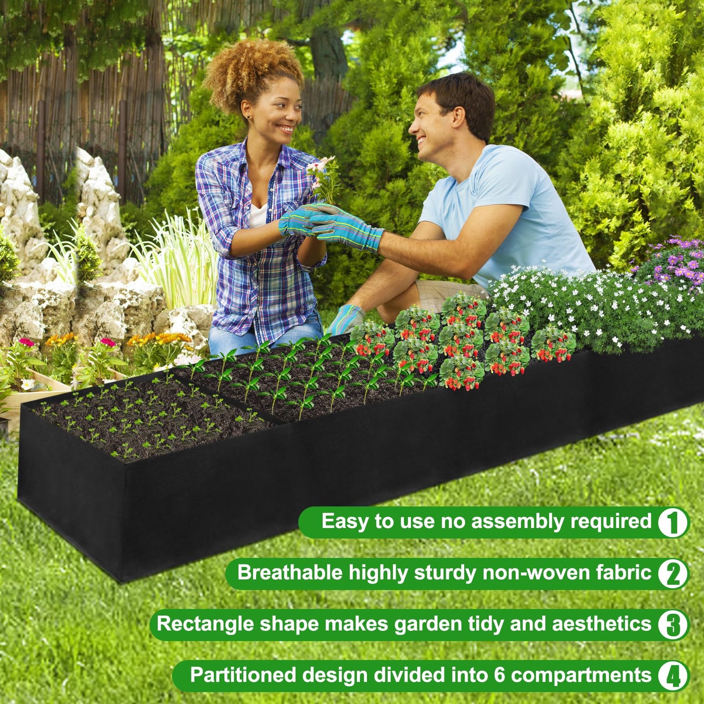VZZNN 2Pack 12x2x1ft Fabric Raised Garden Bed - 6 Grids Plant Grow Bags, Outdoor Planter Box Non-Woven Fabric Patio Planting Bed Garden Grow Bed Bag for Growing Herbs, Flowers and Vegetables