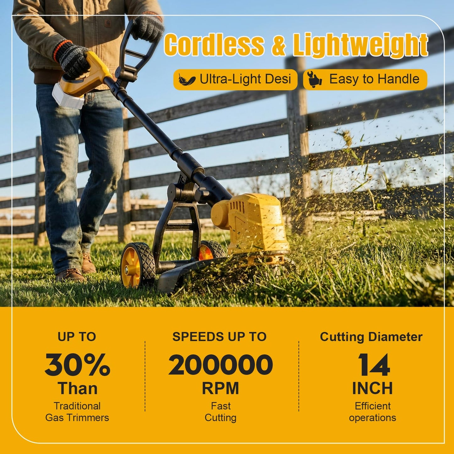 3 in 1 Cordless String Trimmer Compatible with Dewalt 20V Battery (NO Battery), 14" Electric Weed Wacker with Wheel, Lightweight Battery Powered Weed Eater/Edger Trimmer/Grass Trimmer w/8 Line Spools