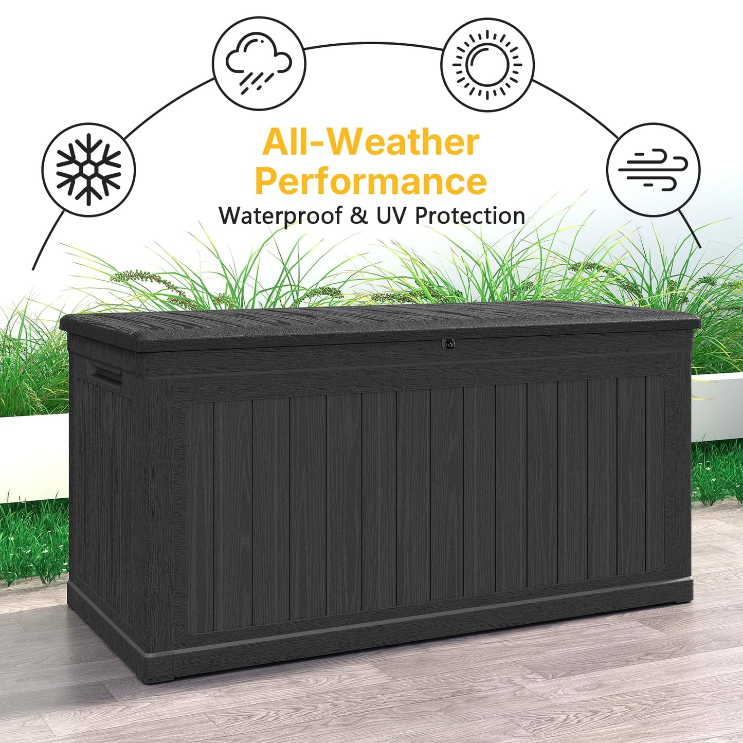 Skepphlay 260 Gallon Deck Box Lockable, Outdoor Storage Box Waterproof and UV Resistant, Large Patio Storage Box with 1000 lbs Capacity, for Garden, Patio Furniture, Pool (Black)