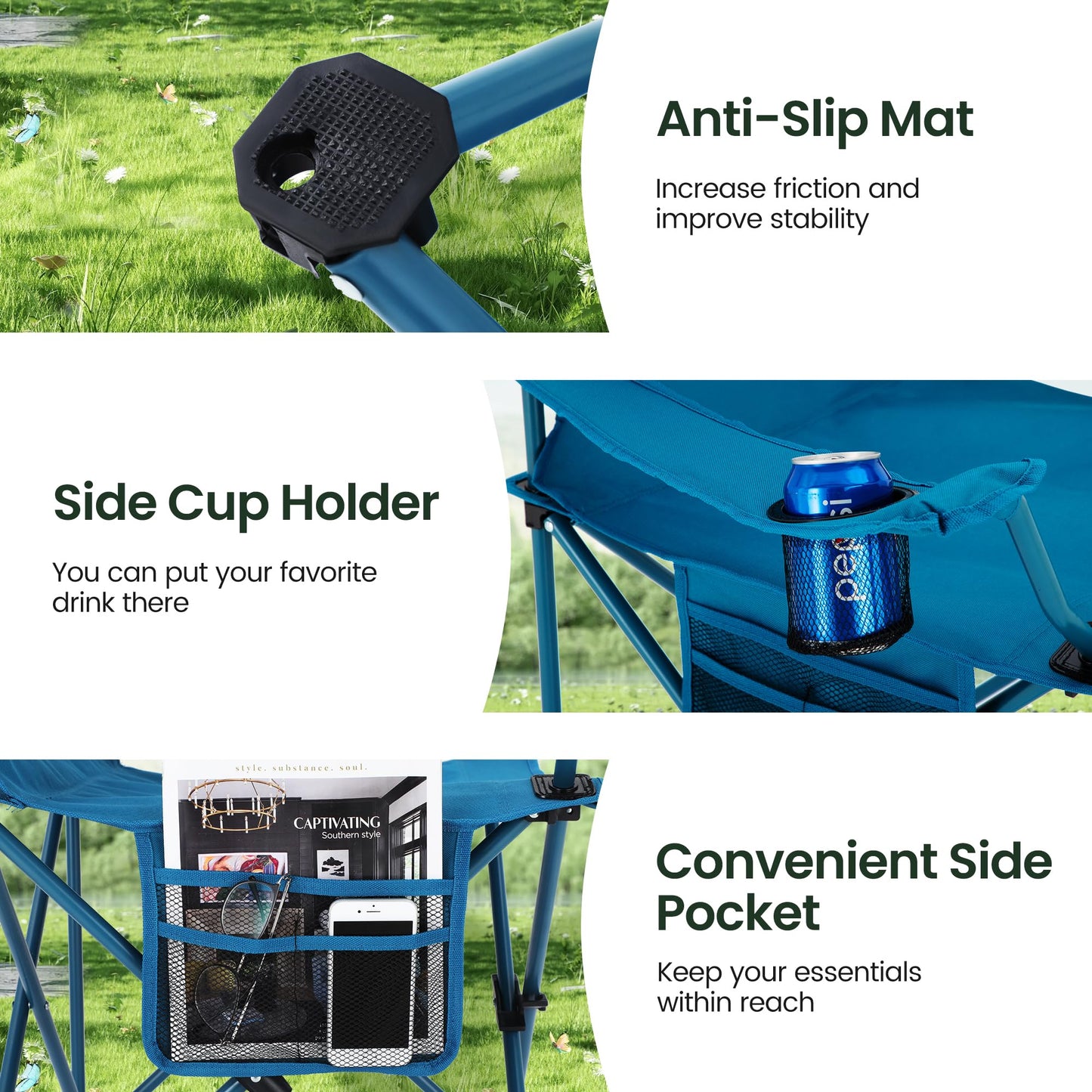 HIGH POINT SPORTS 2 Pack Portable Camping Chair for Adults, Folding Outdoor Camp Chair Lightweight Lawn Chairs Folding Collapsible Chair for Camping, Tailgates, Beach, Blue, Support 350 lbs