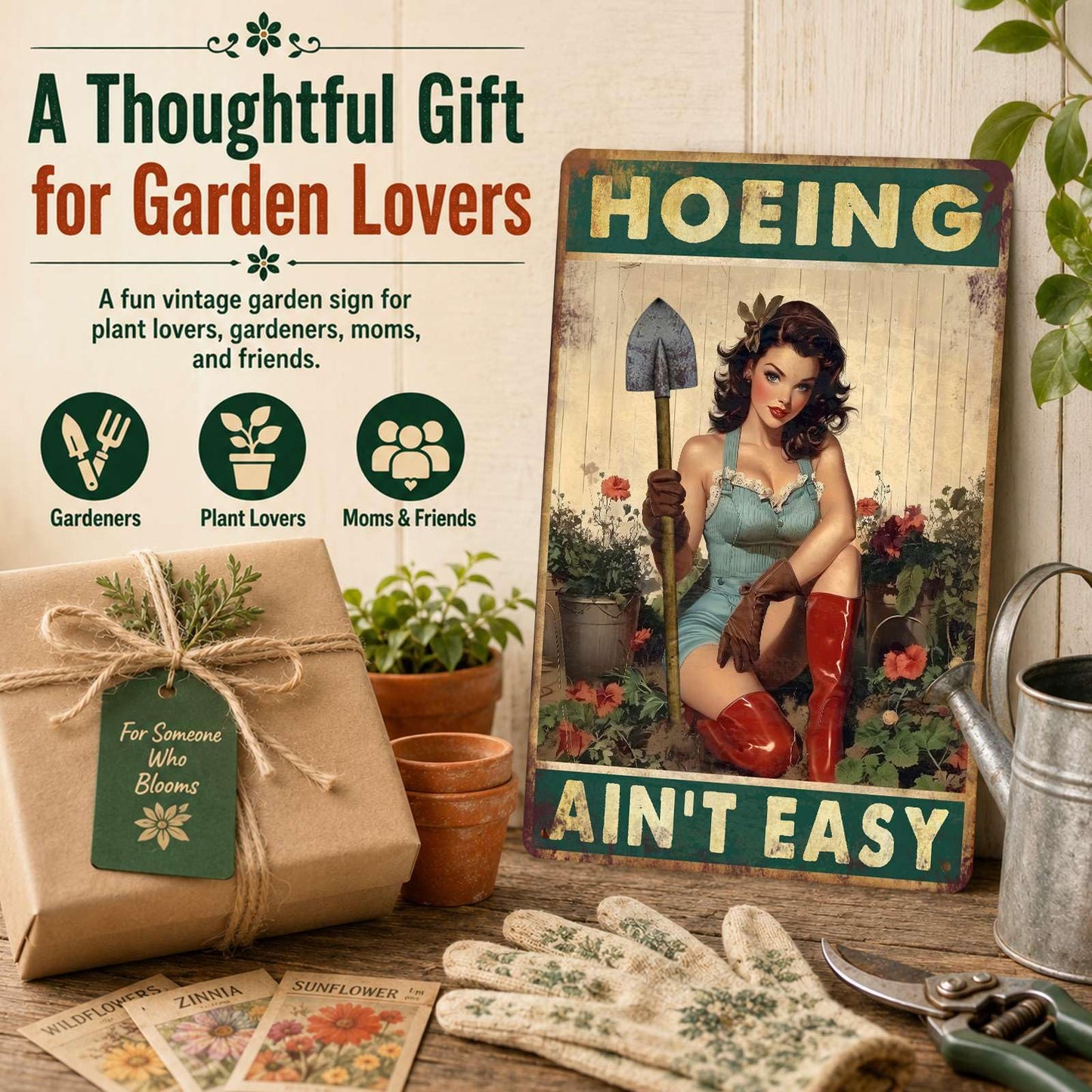 PEACHGARDEN Garden Signs Yard Art Hoeing Ain't Easy Funny Garden Aluminum Metal Sign for Outside Patio Backyard Greenhouse Decor, 8x12 Inch