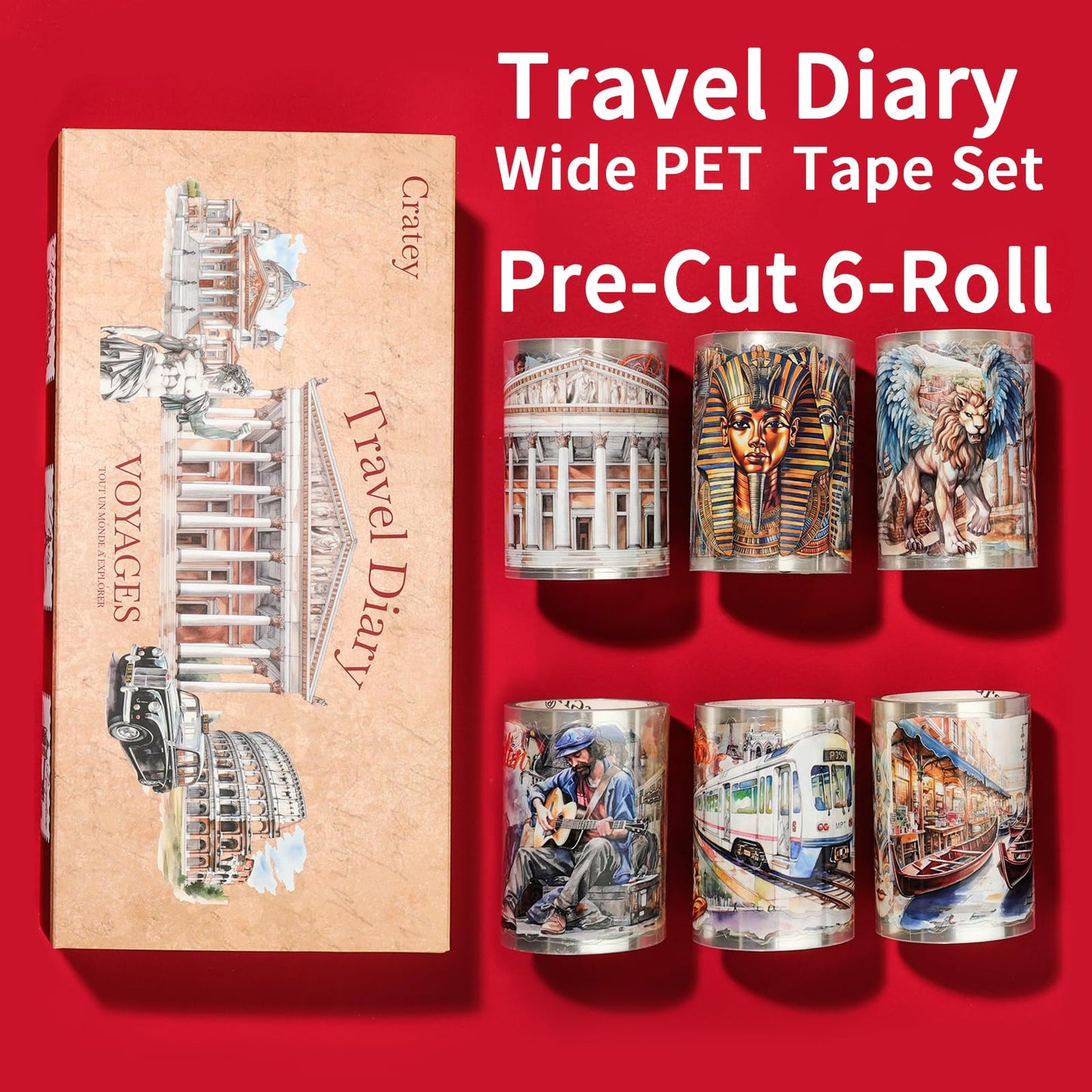 Cratey 6-Roll Pre-Cut Travel Diary Wide PET Washi Tape Set - Transparent Scrapbooking Supplies, Journaling, and Crafting - Decorative Stickers, Planner Arts, and Collage