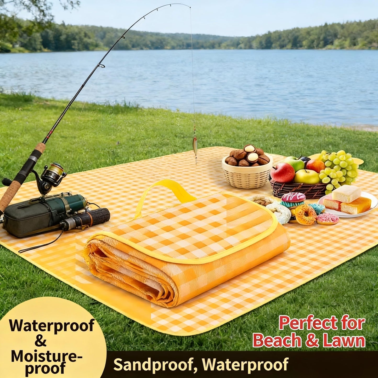 Loulangems Extra Large 2m x 2m Orange Plaid Picnic Mat, Sandproof Waterproof Outdoor Blanket, Orange Plaid Picnic Blanket for Campin and Hiking, Machine Washable