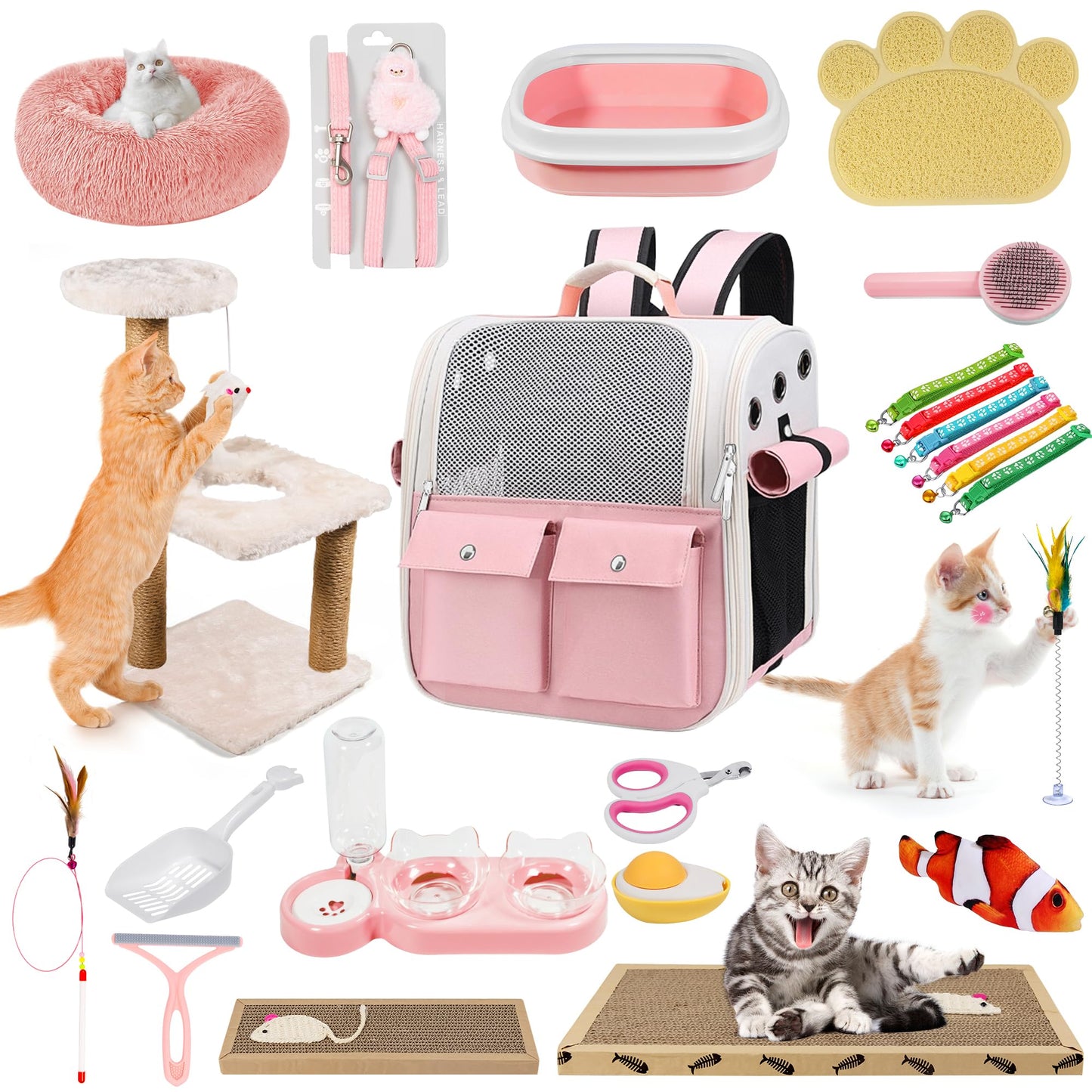 Kitten Starter Supplies Starter Kit, 20 pcs of Cat Essentials and Stuff, Including Cat Bed, Carrier, Litter Mat, Litter Box, Collar, Bowls,and Others, Perfect Choice for New Cat Owner - Pink