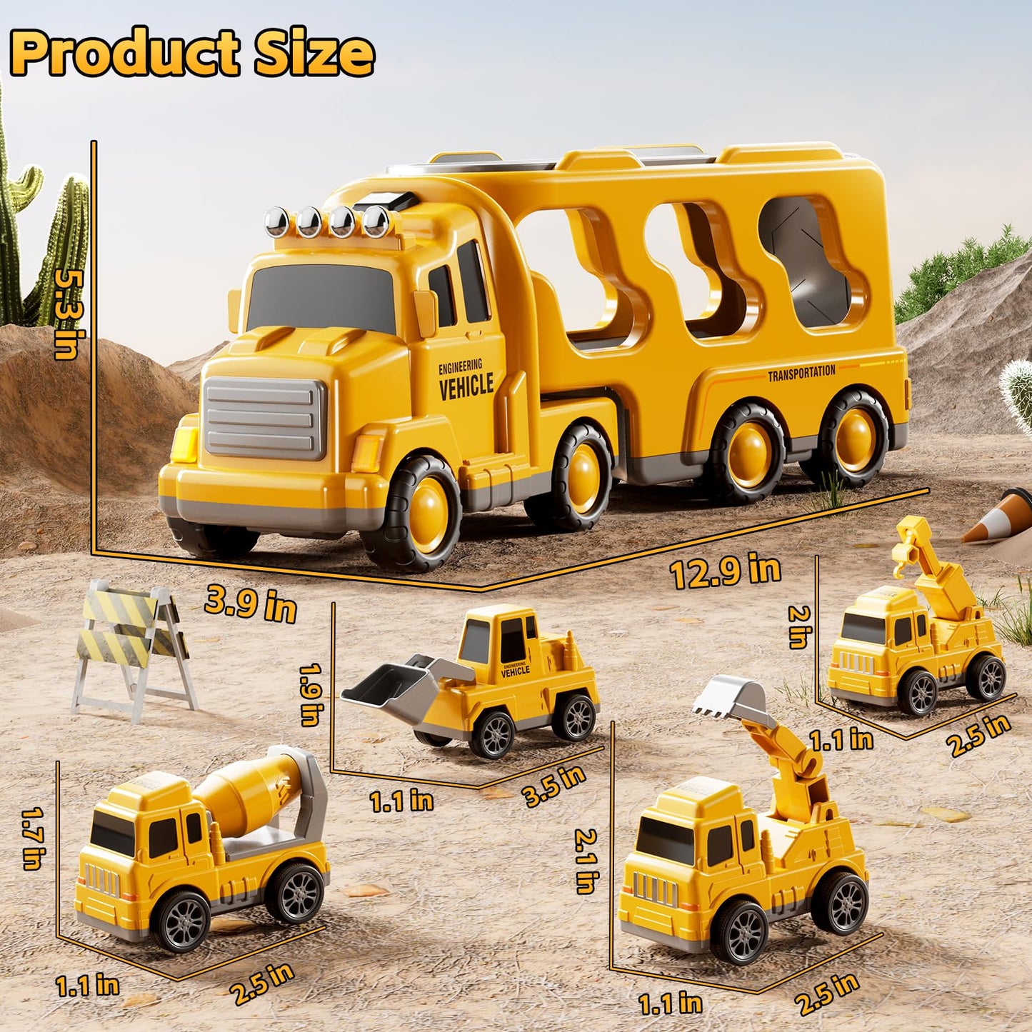 KIZONLY Construction Trucks Toys for 2 3 4 5 Years Old Boys - 5-in-1 Carrier Transport Vehicle Truck for Toddlers 2-4 Years with Crane, Mixer, Pushdozer and Excavator, Car Toys Birthdays Gift