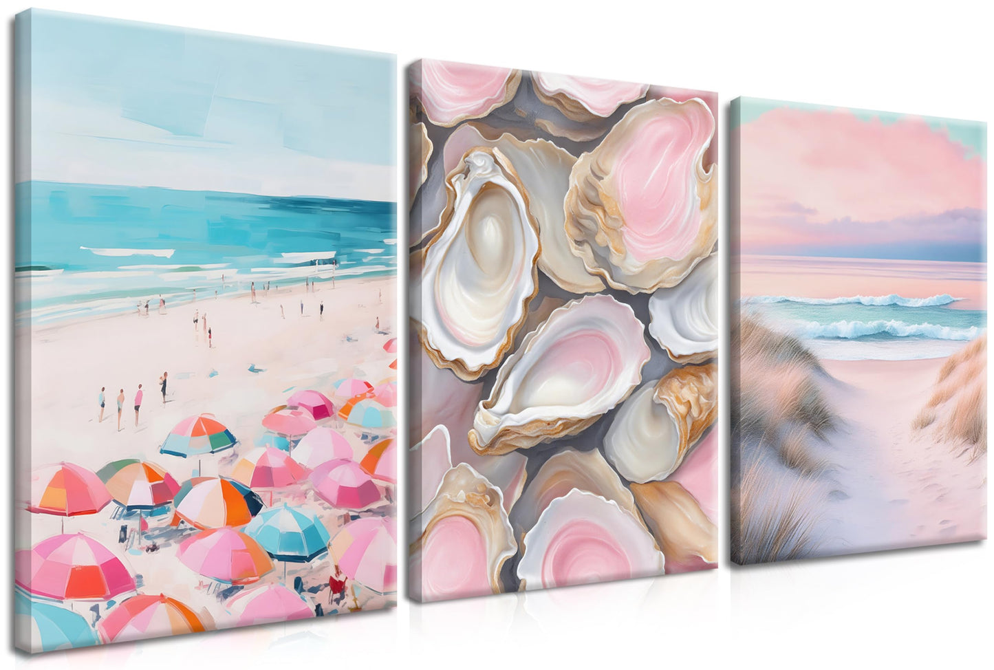 Preppy Coastal Canvas Wall Art Set of 3, Trendy Pink Beach Wall Decor Paintings, Summer Beachy Shells Oyster Aesthetic Posters Prints Pictures for Girls Room Dorm Bathroom Bedroom 16x24 Inch Framed