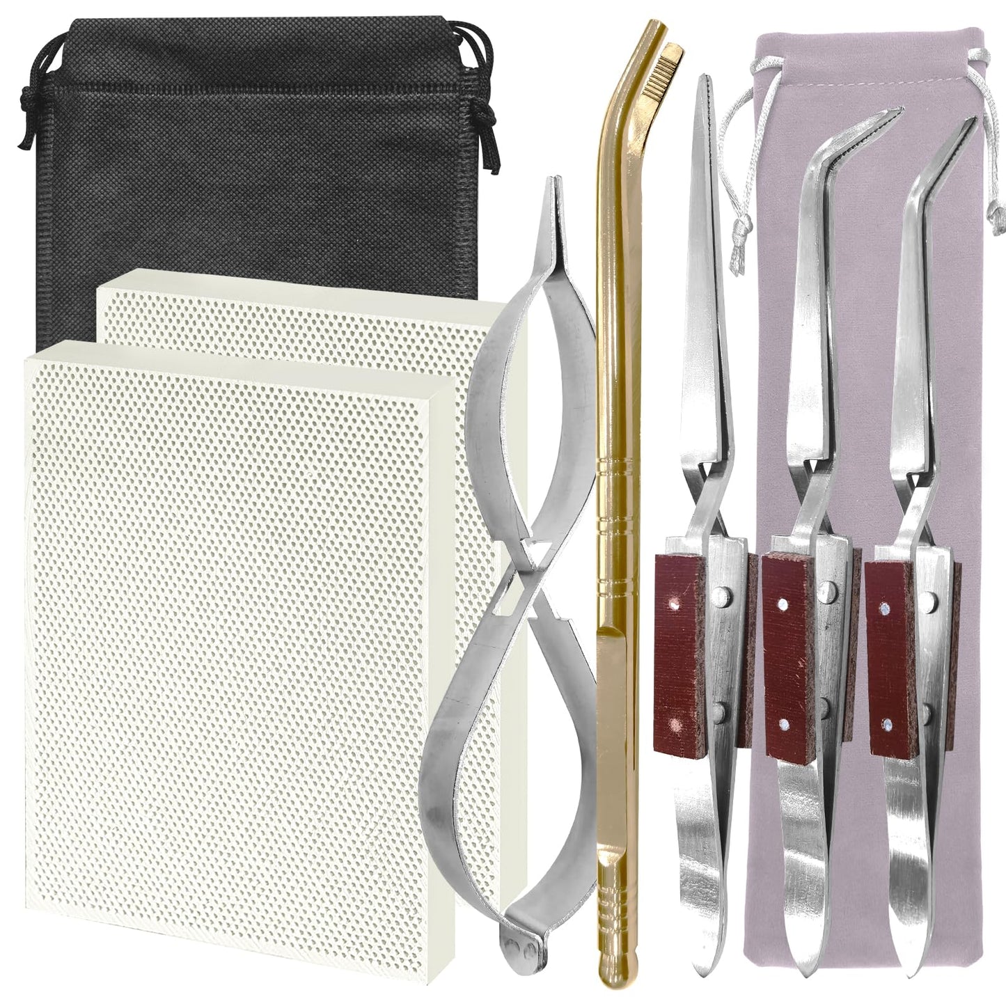 LJZP 9 Pcs Jewelry Soldering Block Kit, Include 2 Honeycomb Ceramic Blocks 3 Tweezers 1 Copper Tong 1 Metal Clip 2 Storage Bag, Soldering Board Plate for for Jewelry Making Tool Supplies