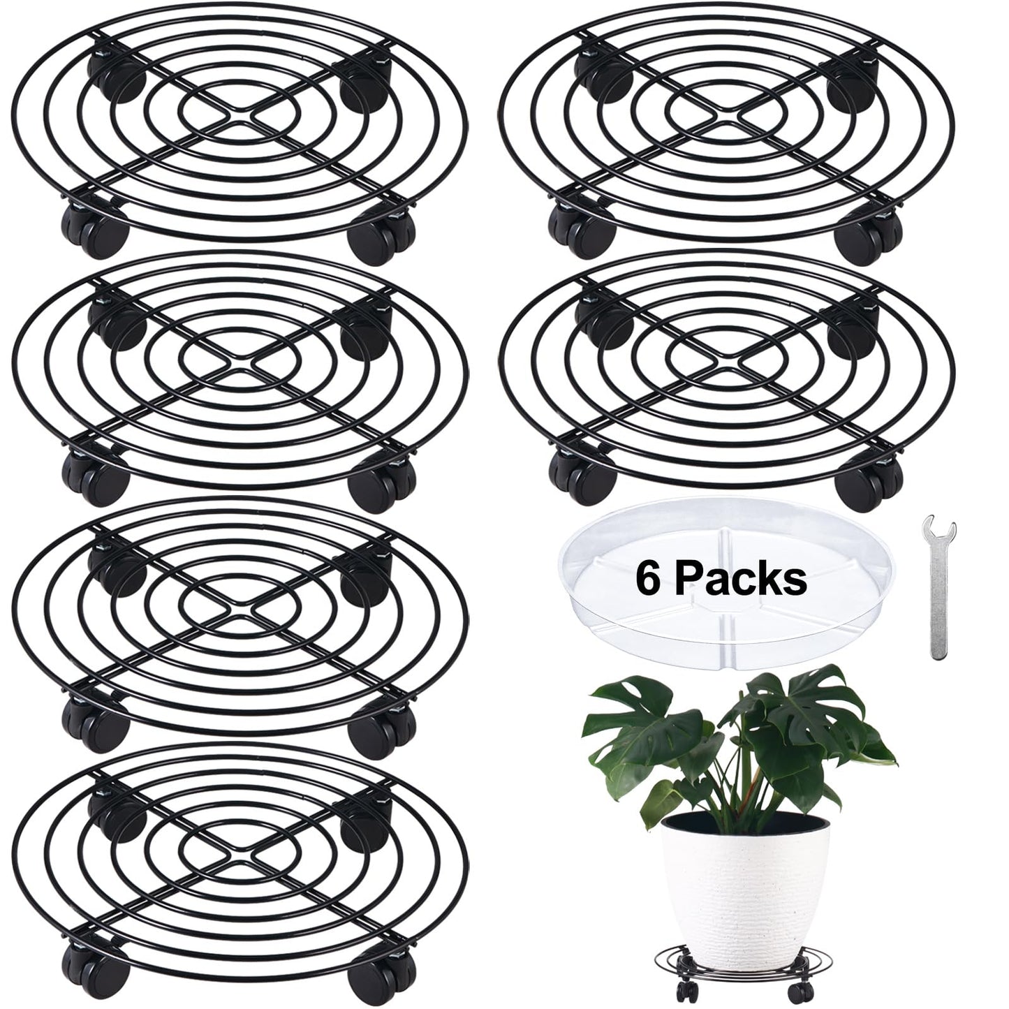 6 Packs 12 Inches Large Metal Plant Caddy with Wheels Rolling Plant Stands Heavy-duty Wrought Iron Plant Roller Base Pot Movers Plant Saucer on Wheels Indoor Outdoor Plant Dolly with Casters Planter Tray Coaster